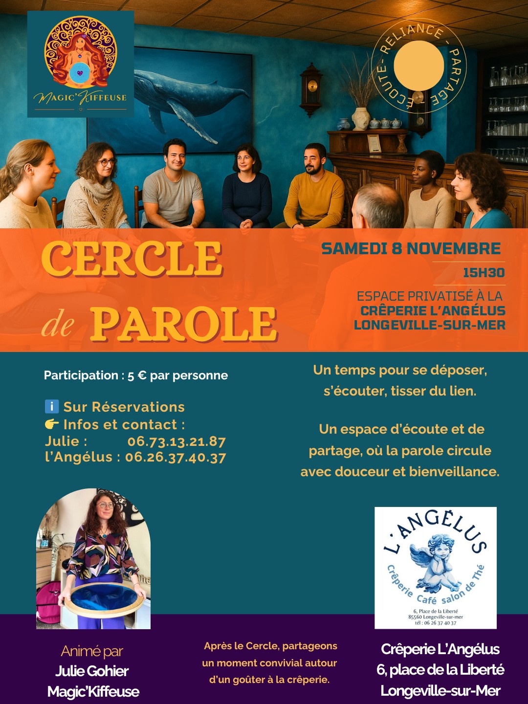 🟡 Cercle de Parole à L’Angélus – Longeville-sur-Mer
📅 Samedi 8 novembre à 15h30
🎟️ Participation : 5 €
Et si tu t’offrais un moment pour simplement te déposer ?
Un espace pour respirer, écouter, partager — sans avoir besoin de “faire”, juste être là, dans la présence et la bienveillance du cercle.
Ce rendez-vous se tiendra à la crêperie L’Angélus, un lieu plein d’âme, que Claire a créé comme un véritable cocon de convivialité et de lien.
Le restaurant sera privatisé pour l’occasion 🌿
Nous vivrons ce temps de parole ensemble, puis nous prolongerons le moment autour d’un goûter, dans la douceur et la chaleur du lieu.
✨ Un temps suspendu, simple et humain, pour cultiver la reliance, la douceur et la joie d’être ensemble.
📍 Crêperie L’Angélus – Longeville-sur-Mer
🕯️ Animé par Julie Gohier – Magic’Kiffeuse, facilitatrice de joie incarnée
📩 Réservation indispensable – places limitées
☕ Inscris-toi et viens partager un moment de parole et de douceur suivi d’un goûter.
« Parce qu’il suffit parfois d’un mot, d’une écoute, d’un cercle… pour se sentir à nouveau relié. »
Julie 💛
#cercledeparole #longuevillesurmer #magickiffeuse #cerclesdefemmes #joieincarnée #bienveillance #partage #lienhumain #slowvibes #énergieféminine #vendée #crêperielangélus #écoute #reliance