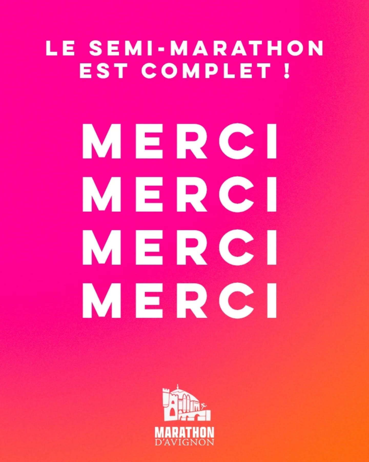 🙌 Le semi-Marathon est complet !
Nous n'avions pas imaginé un tel démarrage, l'engouement est énorme et nous allons tout donner pour vous offrir une première édition à la hauteur de votre confiance 🙏
👋 Il reste des dossards pour le Marathon 👉 https://www.finishers.com/book/event/89Q2F
MERCI 💙
#Avignon #AvignonMarathon #MarathonAvignon