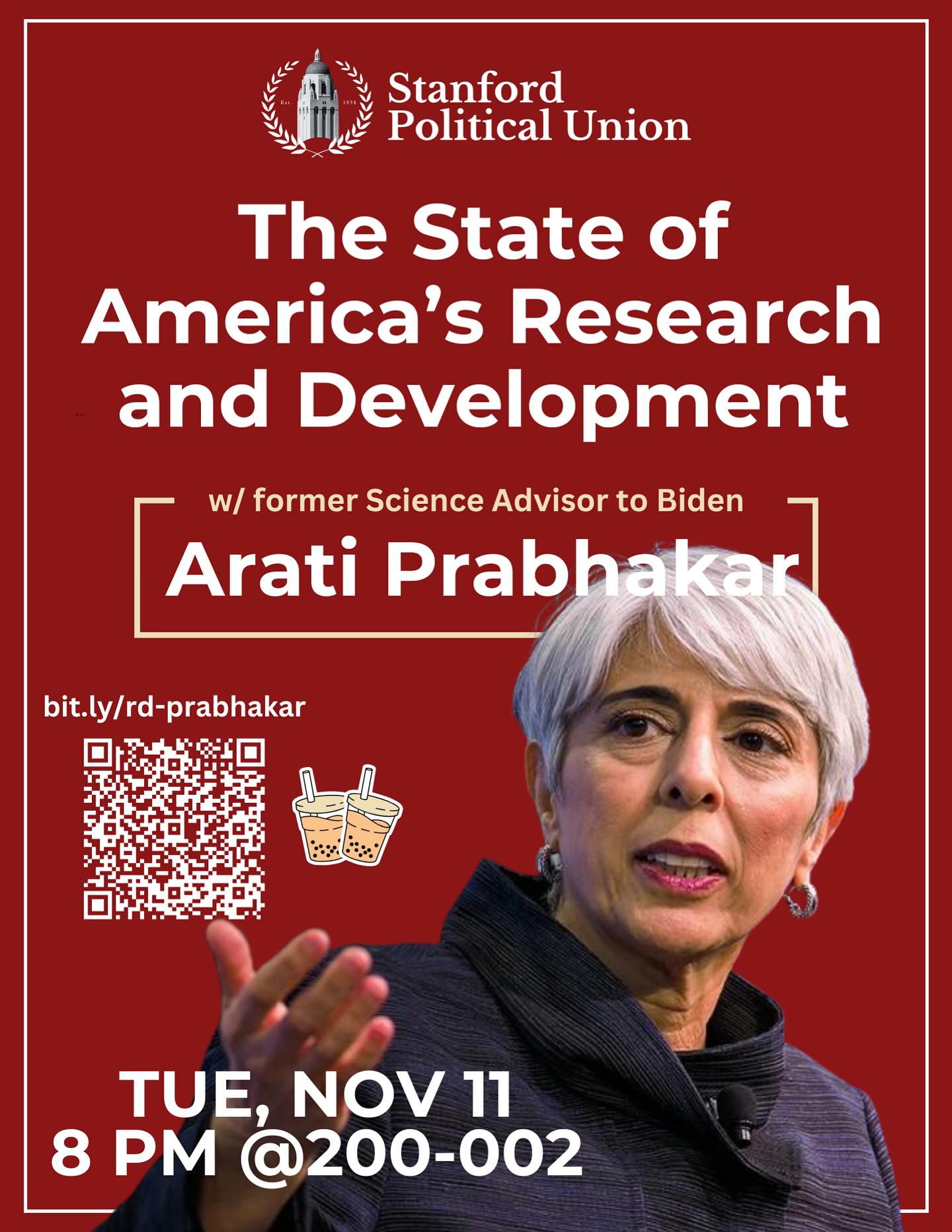 Join us Tuesday, Nov. 11th at 8pm in 200-002 for a discussion with Arati Prabhakar: the former Director of the White House Office of Science 🧪 & Technology 💾 Policy and the former Science Advisor to President Biden.
RSVP for the event &🧋: bit.ly/rd-prabhakar