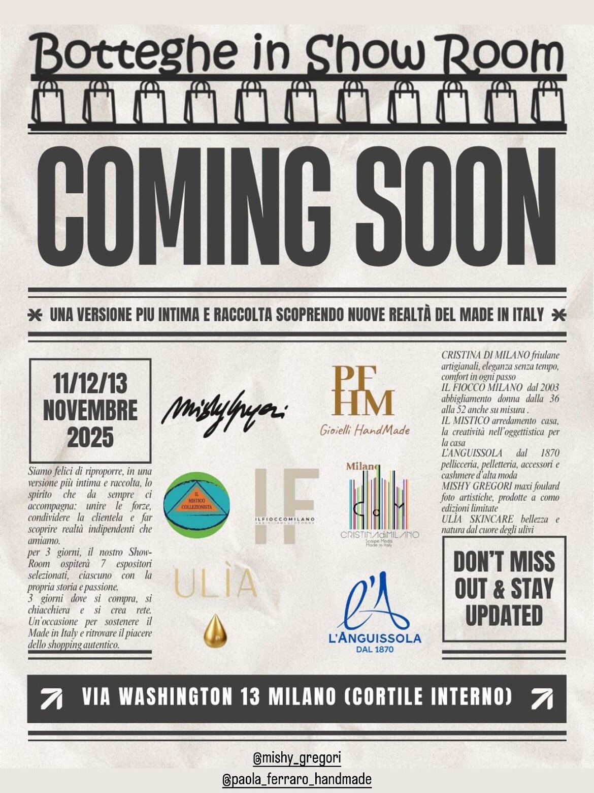 Sarò ospite di
BOTTEGHE in Showroom
11/12/13 Novembre
📍Via Washington 13 - Milano
⏰ orario continuato 10.00/19.00
@il_fioccomilano
Vi aspetto con i miei nuovissimi Maxifoulard, frutto di creatività e ricerca fotografica
stampata su seta e modal
#milano
#madeinitaly
#madeincomo
#maxifoulard
#scarf
#women