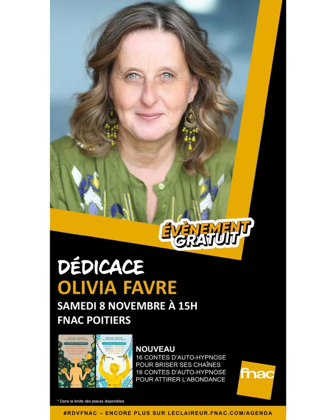 Maintenant que le semi-marathon est terminé, je peux me reconcentrer sur la promotion de nos livres co-ecrit avec @xavierfaye77 et @anette_courteille_auteur. La première d'une nouvelle série !
Je serai donc samedi 8 novembre à @fnac_officiel de Poitiers.
Au plaisir de vous rencontrer...
#auteure #livreaddict #livre #dedicaces #fnac #poitiers #Autohypnose #contes #abondance #briserseschaînes #hynose #inconscient