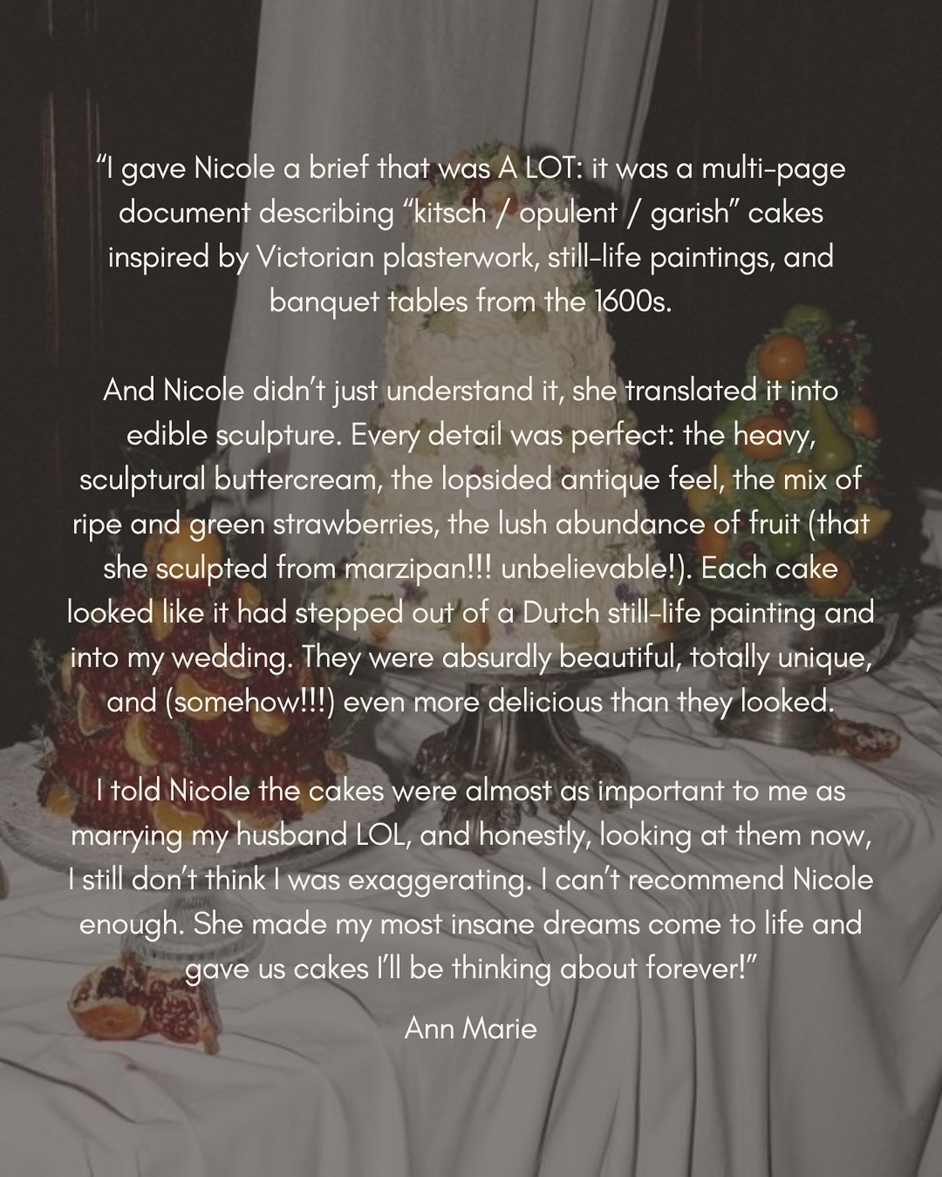 When a brief lands in your inbox describing “kitsch / opulent / garish” cakes inspired by Victorian plasterwork, still-life paintings and 1600s banquet tables… it’s fair to say I was slightly daunted!
But oh my goodness, wasn’t it fun. I’m so happy with how it all turned out, and even happier that Ann Marie was too!
@annmarierules
@huntshamcourt
@coralie.monnet_weddings
@hylandweddings
#sweetsatisfactioncakes #weddingcake #weddingcakedesign #weddingsindevon #luxuryweddingcake #autumnweddingcake #winterweddingcake #weddingcakedesigner #huntshamcourt #huntshamcourtweddings #lambethweddingcake #marzipanfruits #marzipanfruitweddingcake