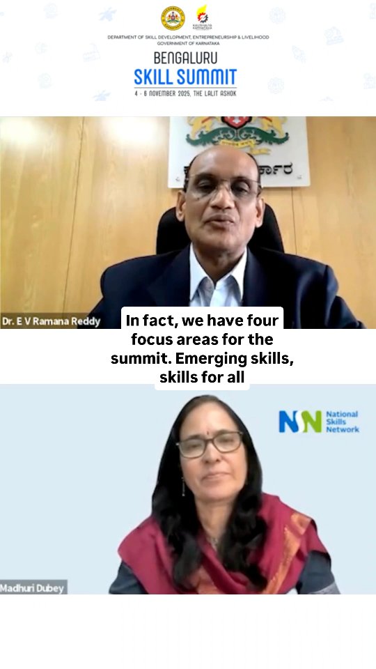 In this conversation, Dr Madhuri Dubey, Founder and Director of the National Skills Network (NSN), spoke with Dr E. V. Ramana Reddy, Chairman of the Karnataka Skill Development Authority, about the ongoing Bengaluru Skill Summit 2025. The discussion centred on the vision, policy focus, and key initiatives that are shaping Karnataka’s skilling ecosystem. We’re proud to join hands with the Bengaluru Skill Summit 2025 as an Association Partner! 🤝 Organised by the Government of Karnataka through the Skill Development Entrepreneurship and Livelihood Department (SDEL), Karnataka Skill Development Corporation (KSDC), Karnataka State Department of Agriculture (KSDA), and Karnataka Digital Economy Mission (KDEM), the summit will bring together leaders from government, industry, academia, and youth to power the next wave of India’s skilling revolution. This year’s summit celebrates collaboration, innovation, and workforce transformation, shaping the future of skills in India. Visit https://bengaluruskillsummit.com/ to know more. Watch the full interview on our YouTube channel, link in our story highlights! #BengaluruSkillSummit #SkillDevelopment #FutureOfWork #Innovation #Workforce2030 In this conversation, Dr Madhuri Dubey, Founder and Director of the National Skills Network (NSN), spoke with Dr E. V. Ramana Reddy, Chairman of the Karnataka Skill Development Authority, about the ongoing Bengaluru Skill Summit 2025. The discussion centred on the vision, policy focus, and key initiatives that are shaping Karnataka’s skilling ecosystem. We’re proud to join hands with the Bengaluru Skill Summit 2025 as an Association Partner! 🤝 Organised by the Government of Karnataka through the Skill Development Entrepreneurship and Livelihood Department (SDEL), Karnataka Skill Development Corporation (KSDC), Karnataka State Department of Agriculture (KSDA), and Karnataka Digital Economy Mission (KDEM), the summit will bring together leaders from government, industry, academia, and youth to power the next wave of India’s skilling revolution. This year’s summit celebrates collaboration, innovation, and workforce transformation, shaping the future of skills in India. Visit https://bengaluruskillsummit.com/ to know more. Watch the full interview on our YouTube channel, link in our story highlights! #BengaluruSkillSummit #SkillDevelopment #FutureOfWork #Innovation #Workforce2030