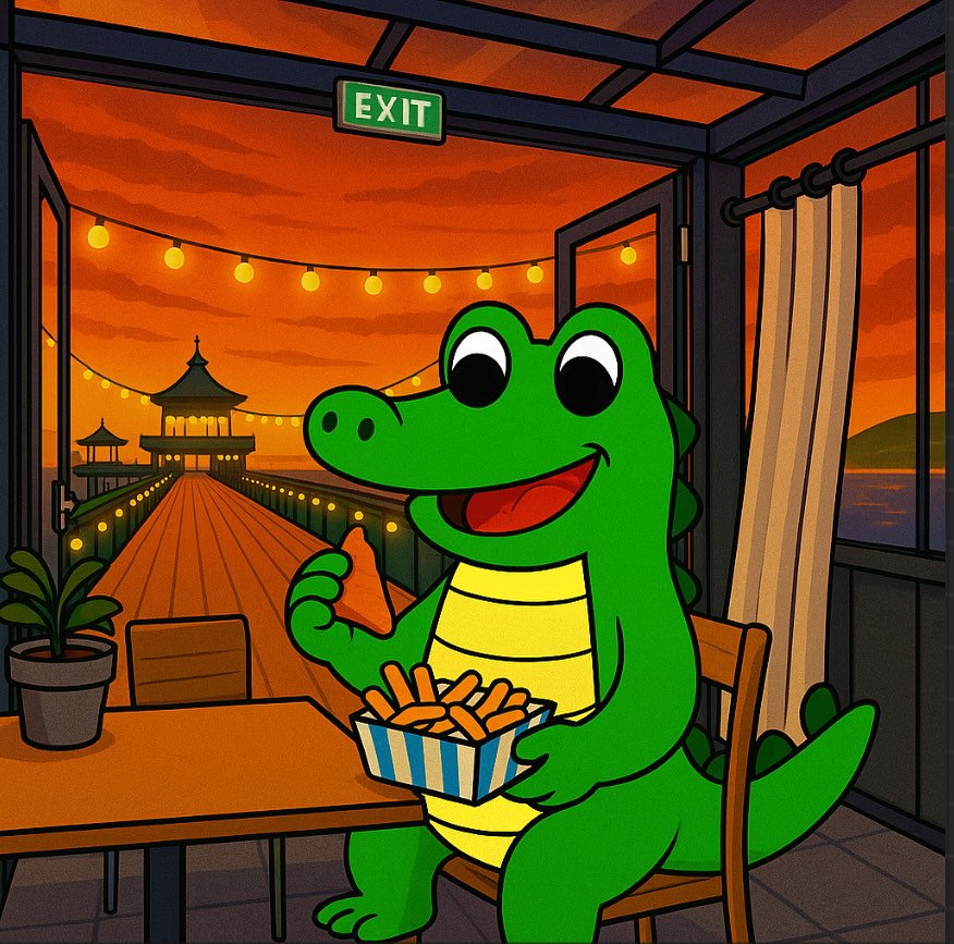 The Bristol Crocodile enjoying a moment of pure bliss on Clevedon Pier at sunset, tucking into a box of fresh fish and chips as the fairy lights twinkle and the sea breeze drifts by. 🌅🐊💛
#BristolCrocodile #ClevedonPier #FishAndChips #BristolIllustration #SunsetVibes #CrocodileAdventures #VisitSomerset #BritishSeaside #ChildrenIllustration #PictureBookMagic #WholesomeMoments #FamilyDayOut #UKCoast #StorybookScene