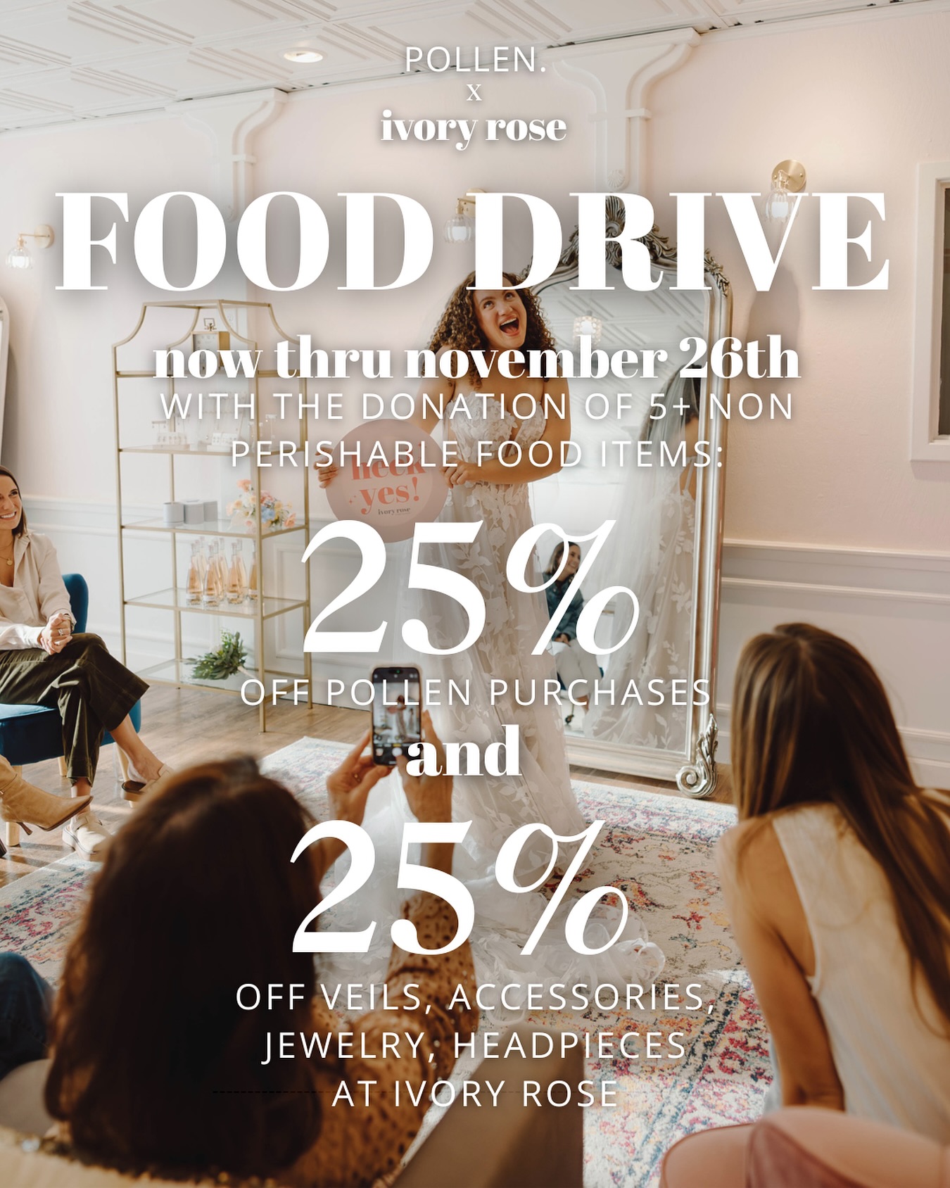 ✨ Giving Back, Together ✨
We’re so excited to partner with our sister boutique, @shop.pollen, for a Thankful Season Food Drive benefiting Feeding America — happening now through November 26th!
Here’s how you can join us in making a difference (and treat yourself, too!):
🛍️ Bring in 5+ non-perishable food items or make a $20+ cash donation
💌 Receive two exclusive coupons:
• 25% off your purchase at Pollen
• 25% off all veils, headpieces, accessories, and jewelry at Ivory Rose
Every can, box, and dollar donated goes directly toward helping families in need — and we’re so grateful to celebrate the season of giving with our amazing community. 🤍
📍Donations can be dropped off at either boutique now through November 26th.
Let’s fill those bins (and hearts)!
#fooddrive #feedingamerica #dogood #ivoryrosebridalboutique #community #giveback #seasonofgiving