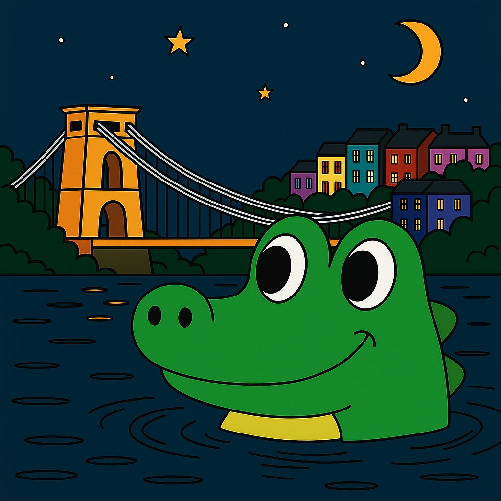 The Bristol Crocodile can’t help but smile, he loves his beautiful green city, glowing under the stars. 🌙
#TheBristolCrocodile #Bristol #CliftonSuspensionBridge #BristolIllustration #ChildrensBooks #BristolArt #BristolCreatives #BristolArtist #EcoBristol #GreenCity #BristolLife #BristolLegend #BristolCrocodile #bristolmuseum