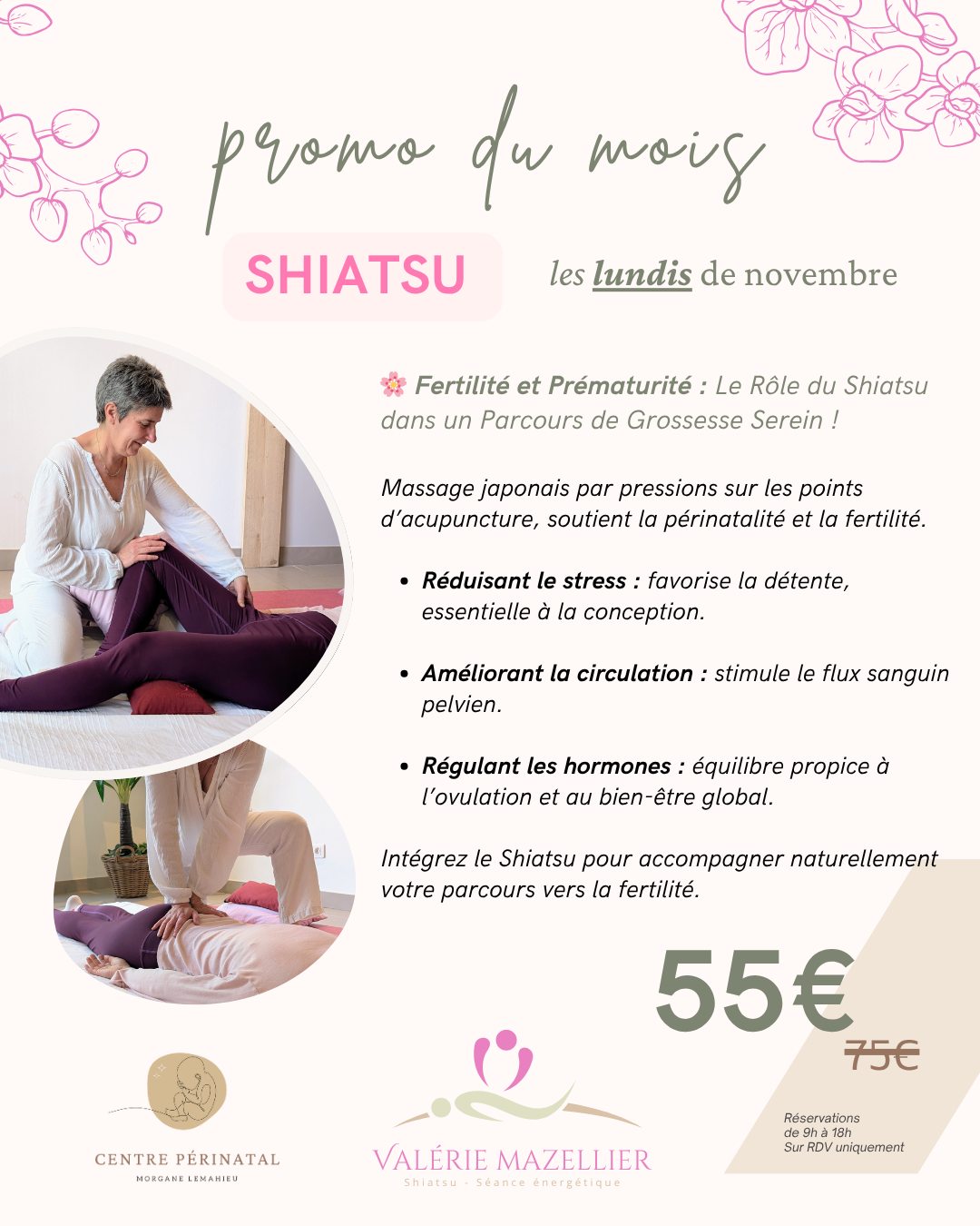 🌸 Fertilité & Prématurité : Le rôle du Shiatsu dans un parcours de grossesse serein ! 🌸
📍 Au Centre Périnatal de Brignoles
👩🦰 Avec Valérie Mazellier
🗓️ Tous les lundis du mois de novembre
Le Shiatsu, massage japonais par pressions sur les points d’acupuncture, aide à rétablir l’équilibre énergétique du corps. Un véritable soutien pour la fertilité et la périnatalité :
- Réduit le stress, favorisant détente et conception.
- Améliore la circulation pelvienne.
- Régule les hormones, essentielles à l’ovulation.
- Encourage le bien-être global pour un parcours plus serein.
Pour qui ? Futures mamans & futurs parents
Tarif spécial novembre : 55€ (au lieu de 75€)
👉 Réservez dès maintenant votre séance avec Valérie ou au Centre Périnatal de Brignoles !
https://vm-massages.fr
https://www.centreperinatalml83.fr
