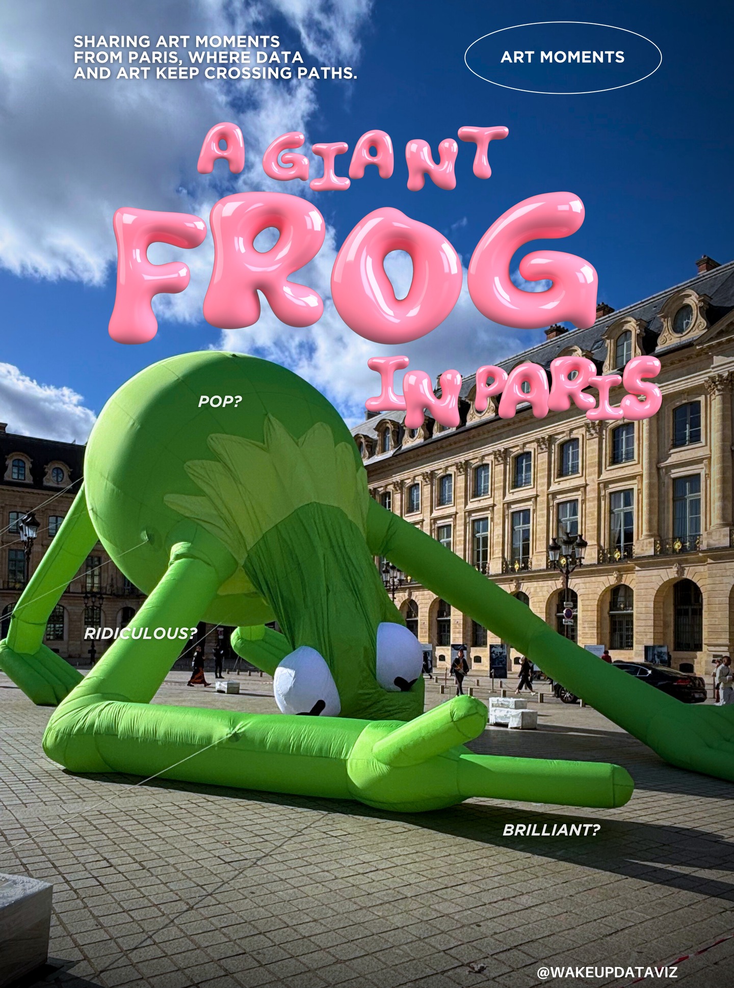 👀 I was there and YES
it was as surreal as it looks.
🐸 A giant frog right in the middle of Place Vendôme.
🧑🏼🎨 It’s Kermit, reimagined by Alex Da Corte for Art Basel Paris 2025.
Almost 20 meters long, 10 meters high, you can’t miss it.
🗣️ Some people said it was ridiculous.
I don’t agree.
💗 I love when art takes over the street, when it’s for everyone, families, tourists, people passing by.
❤️🔥And because I work on projects where data meets art and science, I can’t help but think: if a giant frog can get people talking, imagine what we could do with data about water, or climate..
I love the MONUMENTAL!
The bold
The physical
Bigger than me which,
honestly, isn’t that hard.
💫 Sharing a bit of Paris with you from my own weekend walks.
📍 Place Vendôme, Paris.
🖼️ Art Basel 2025
📸 Photo: Marthe Viallet / @wakeupdataviz
✨ Follow @wakeupdataviz for more art moments in Paris.
@artbasel
@placevendome.fr
@villedeparis
@region_idf
@parisjetaime
#WakeUpDataViz #ArtBaselParis #AlexDaCorte #PublicArt #ContemporaryArt #placevendome
#ParisArtScene #MonumentalArt #PlaceVendome #Paris #ArtCurator #DataDesign #CultureIsNotOptional