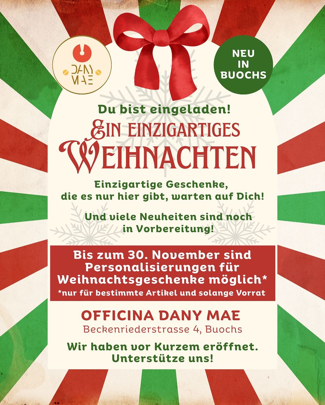 ✨NEU in Buochs✨
Nicht nur Grafikdesign von Officina Dany Mae – sondern auch viele besondere Produkte, die es nur hier gibt!
Komm vorbei und entdecke einen neuen, wachsenden Ort voller Kreativität – wir freuen uns über deine Unterstützung.
Ich freue mich, dich persönlich kennenzulernen – mit einem Lächeln 😃
Daniela
#weihnachtszeit #einzigartigeprodukte
#OfficinaDanyMae #Buochs #Nidwalden #Neueröffnung #Grafikdesign #selbstgemacht #kunst #Herzensprojekt #SchweizerDesign #Designliebe #KreativLaden #corporateidentity #SelbstgemachtMitLiebe