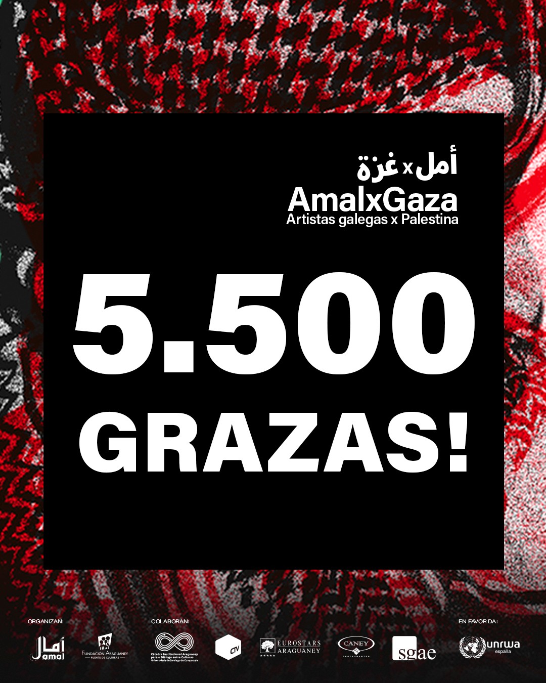 🖤🤍💚❤️ 5.500 grazas.
Os beneficios do concerto Amal x Gaza II destinados á UNRWA ascenderon a 5.500 euros.
🙏 Queremos agradecer, de corazón, ás artistas, traballadoras e público que asistíchedes á @salacapitol.
#amal #palestina #gaza #fundaciónaraguaney #pontedeculturas #unrwa @watani.pal @ruxeruxe_oficial @woyza @monouliousdop @mondra.gz @ghalebjaber_m @salacapitol @areixa.tenda @ma_tri_os_ka @sgae.es @unrwa_es @mario.llorca.loureiro
