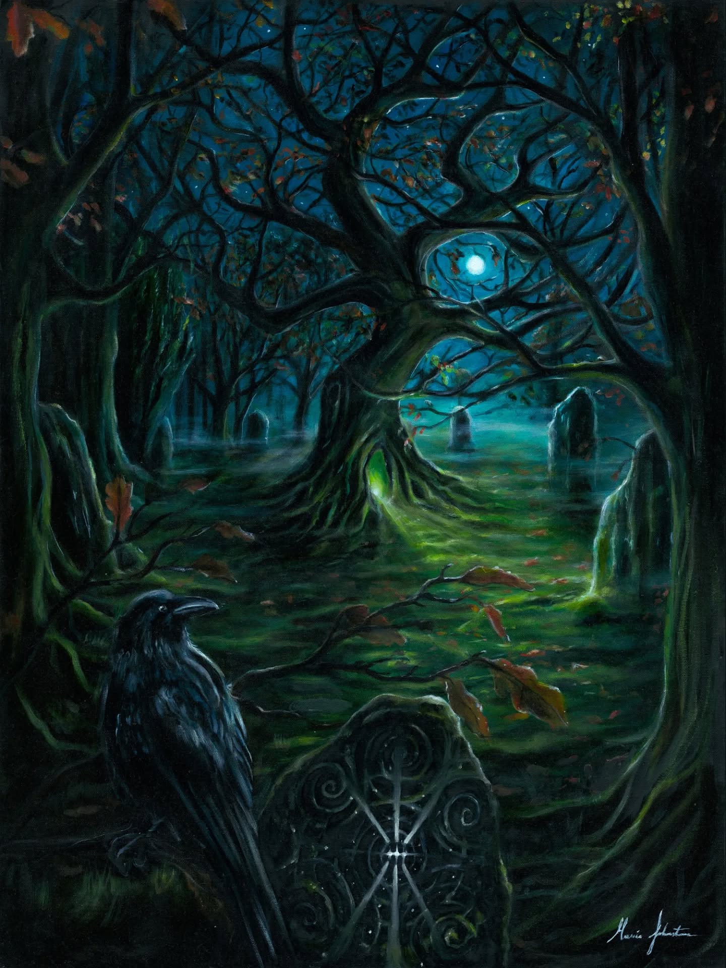 'Doras an Bhandroai' - (Doorway of the Druidess)
Oils on Canvas
Original Sold
Prints Available mariajohnstonartist.com
Remembering, remembering, this is what Samhain is for. Let us connect to those past on this night and all nights over the month of November as the veils become thin.
Through the portal of this painting, Tlachtga - druidess & mother, came to in me in a dream on the eve of Samhain last year, awakening me even deeper to the true meaning of this time of year of decay. I have been working on a portrait of here which I will post on astrological eve of Samhain.
Wishing blessings for all at this potent time of Samhain 🔥
A time to slow down, to go within and to honor all life that stems from the darkness, the great earthly womb of mother. A time to pay homage to the ones who lived and now return to her. May their passage be smooth, may the return be one of peace and deep rest.
#Tlachtga #Tlachtgashill #hillofward #womb #samhain #originofsamhain #earthlymother #mother