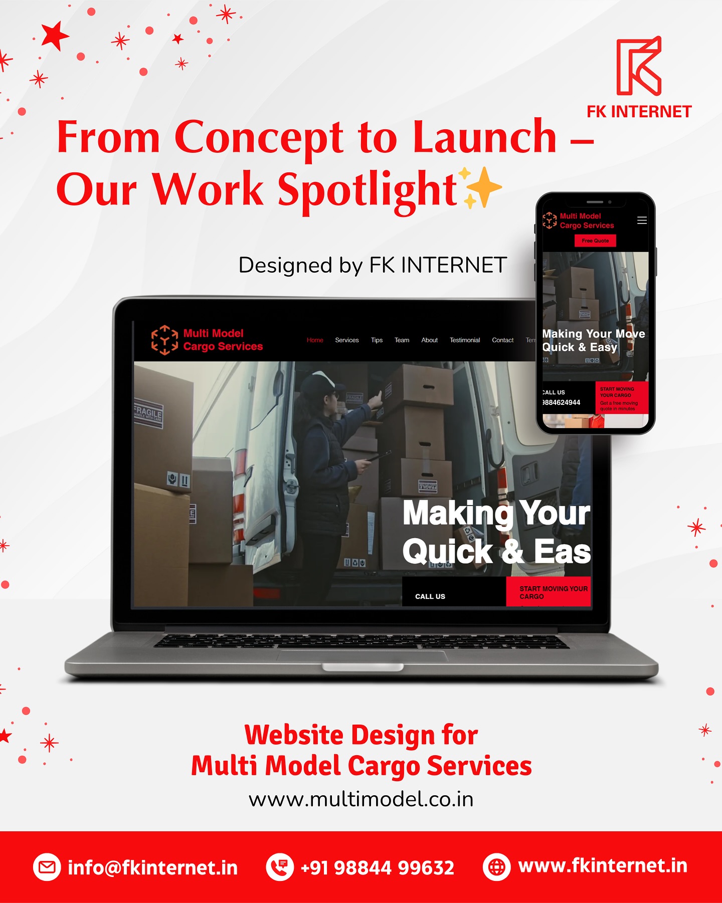 Portfolio Spotlight ✨
Presenting the website we designed for Multi Model Cargo Services — a trusted logistics and cargo solutions provider delivering efficient transport, freight, and supply chain services.
We crafted a professional, performance-driven website that reflects their reliability, showcases their logistics expertise, and strengthens their digital credibility.
The website highlights their wide service network and operational excellence, helping them connect with clients across industries and regions.
🚚 Industry: Transport & Logistics
💻 Service Provided: Website Design & Development
🎯 Goal: Build a professional online presence that boosts credibility and enquiry flow.
Ready to take your logistics or service-based business online?
👉 DM us or visit www.fkinternet.in to get started!
💻 Designed & developed by FK Internet
📞 +91 98844 99632
📧 info@fkinternet.in
#FKInternet #WebsiteDesign #WebDesignAgency #BusinessWebsite #LogisticsWebsite #TransportWebsite #CargoWebsite #WebDesignIndia #WebSolutions #WebDevelopment #CreativeWebDesign #ProfessionalWebsite #CorporateWebsite #SmallBusinessIndia #DigitalBranding #OnlinePresence #MadeInIndia #ResponsiveDesign #WebsiteLaunch #DesignThatConverts #WebsiteForBusiness