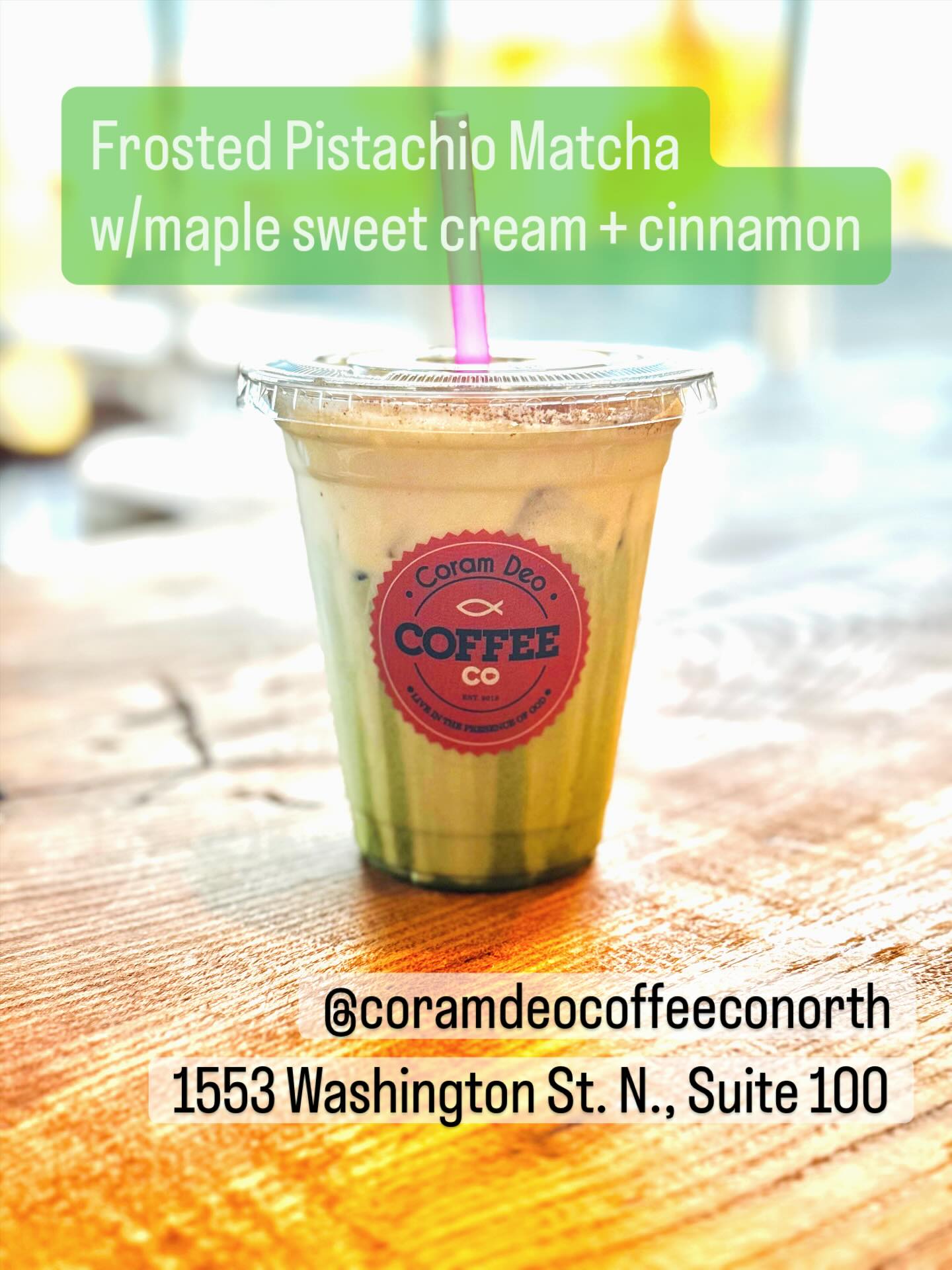 White chocolate+pistachio+matcha๐คฉ Add our sweet cream of the month MAPLE and this is a fall dream!! Try this hot, iced or blended at our North location today! ๐ #matcha #pistachio #maple #falldrinks #coramdeocoffeeconorth