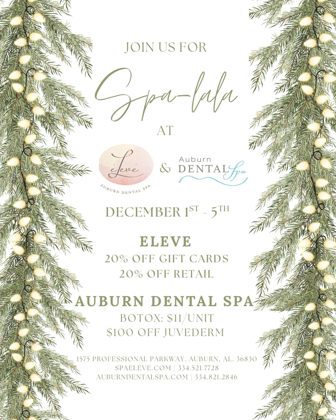 ✨It’s almost everyone’s favorite time of the year! Mark your calendars for Spalala!🤍
✨Botox: $11/unit
✨$100 of Juvederm (full syringe only)
✨20% off Eleve gift cards
✨20% off Eleve retail