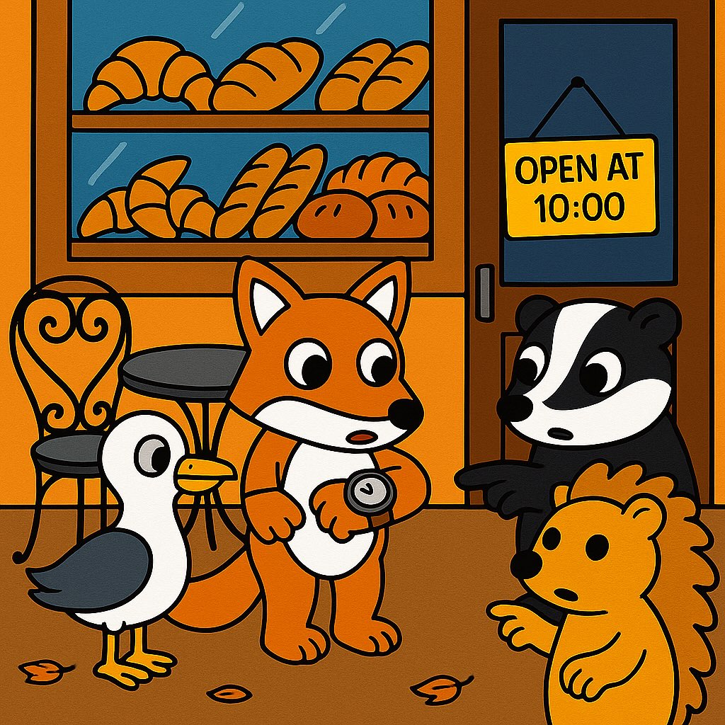 Oh dear… who else forgot to put their clocks back last night? 🦊🕘🥐 The gang’s a whole hour early for croissants! ⏰
#BristolCrocodile #AutumnMorning #ClocksGoBack #DaylightSavings #BristolArt #ChildrenIllustration #KidsBooks #PictureBookArt #CrocodileAdventures #FoxAndFriends #StorytimeMagic #BristolCreatives #SundayVibes