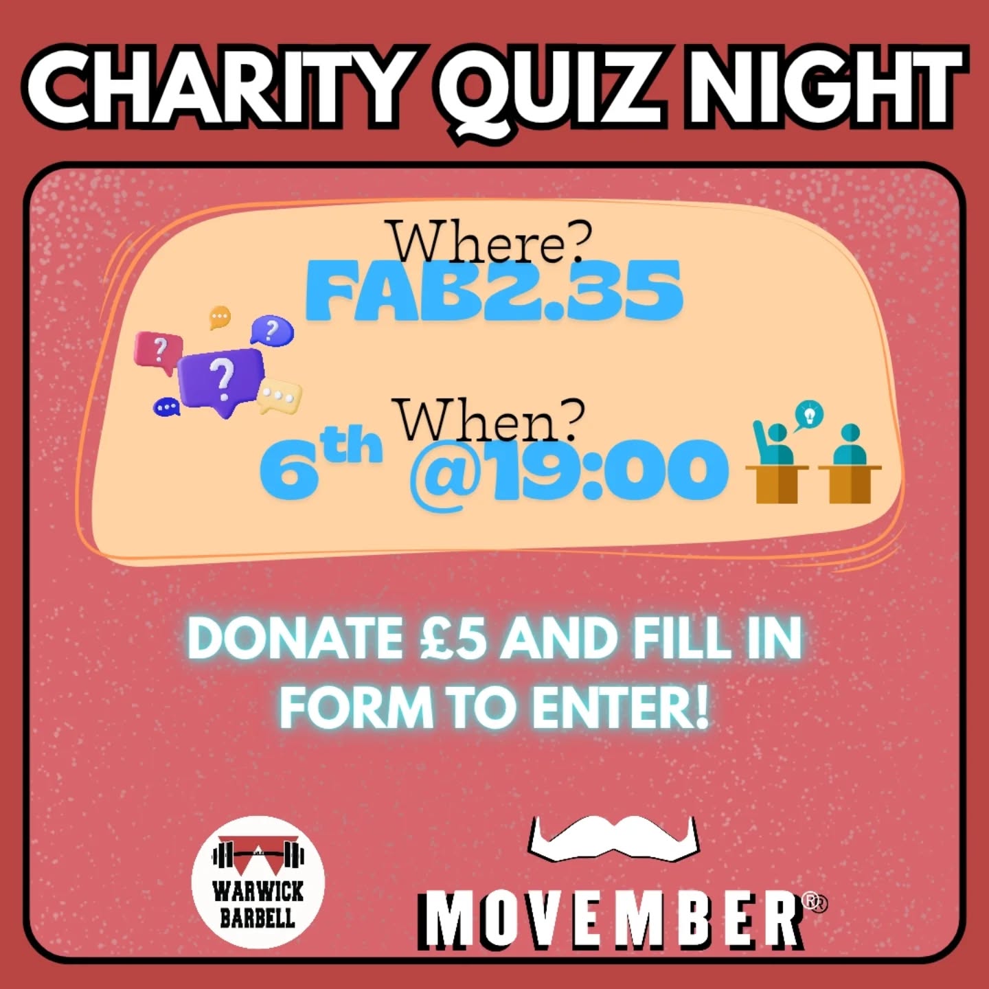 ❓CHARITY QUIZ NIGHT❓
This Thursday at 19:00 we are hosting a Charity Quiz Night, where we are raising money for our Movember campaign. We simply ask for a £5 donation to our Movember page (the link of which can be found on our highlights section) and to fill in the form found on our stories or WhatsApp community so that we know you're coming!
Come along to win some prizes and show off all of your expert gym and lifting knowledge! 💪💪