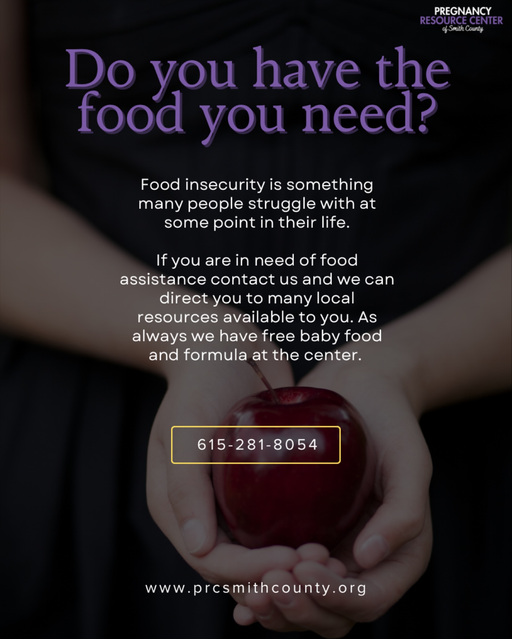 Not having enough food for you and your family can be overwhelming. We want to help. We have free baby food and formula available at the center as well as a network of local resources to help get you the food you need.
Contact us at 615-281-8054