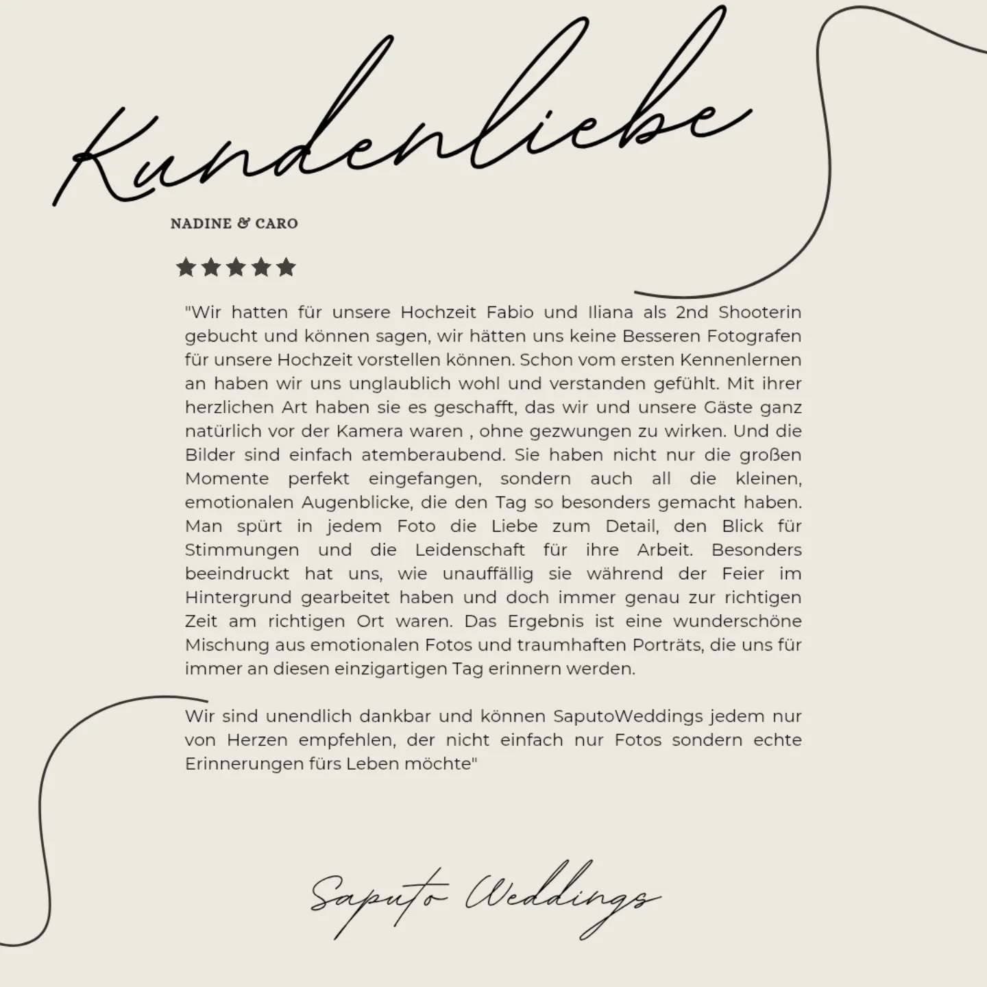 Echte Stimmen. Ehrliches Feedback. Großer Wert. 💬
Ein herzliches Dankeschön an Nadine und Caro für ihre tolle Bewertung und die schönen Worte! 💛
Google-Bewertungen sind für uns als Dienstleister weit mehr als nur Sterne – sie sind ein wichtiger Teil unserer Weiterentwicklung und zeigen, dass wir mit Leidenschaft und Qualität überzeugen dürfen. 🌟
Jede Bewertung unterstützt nicht nur uns, sondern hilft auch anderen Menschen, den passenden Dienstleister zu finden.
Wir schätzen jedes einzelne Feedback und freuen uns riesig über euer Vertrauen! 🙏
Großartige Dienstleister die bei dieser Hochzeit mitgewirkt haben:
Location: @schlossgut_luell
Freie Rednerin: @wortmelodie.trauung
Brautkleid: @opus61_brautmode
Brautstyling: @love_yourself_makeup_by_nicole
Blumenschmuck: @blumenarndtkay
DJ: @dj_konzo
#googlebewertungen #kundenfeedback #qualität #vertrauen
#heirateninösterreich #heiraten2026 #hochzeit2027 #heirateninderpfalz #pfalzhochzeit #pfalzfotograf