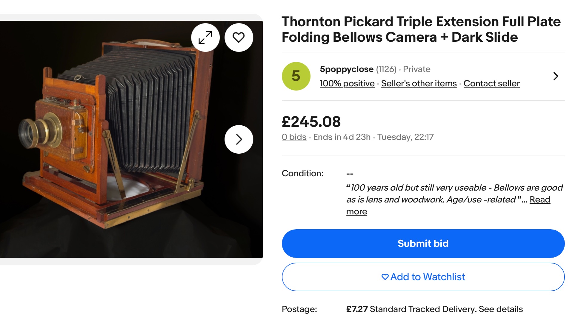 Thinning the camera collection: I've used this one a lot with all sorts of film/plates. Its very lightweight for a full-plate camera, but I now have 2 others that offer different capabilities that I need more than portability. Only available in the UK (Postage to USA is shockingly expensive and France seems to impound anything mahogany even if it is antique). Ebay item number 136680781753. #largeformatphotography #cameraforsale #bellowscamera #antiquecameraforsale