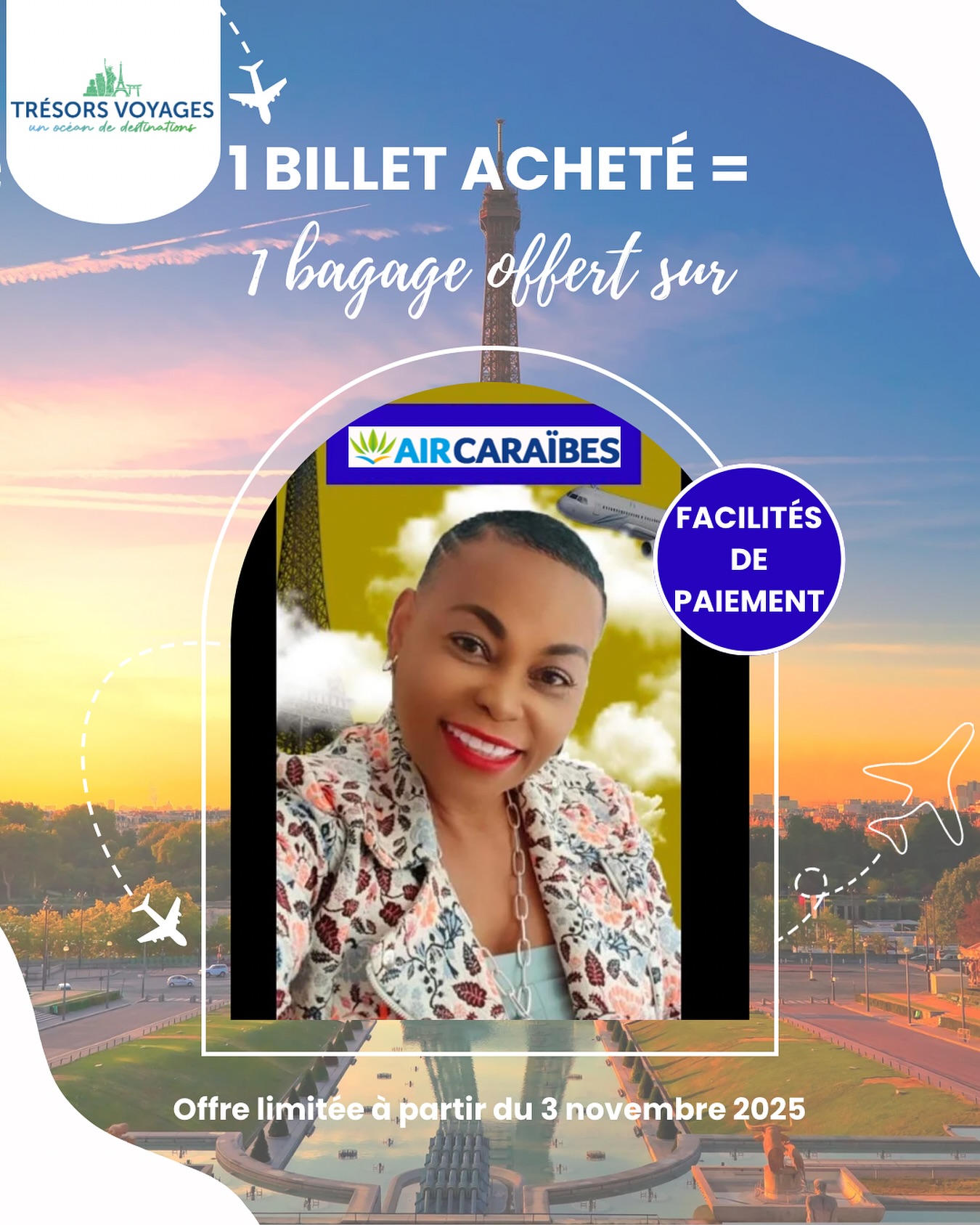 🚀 Toc, toc, toc… Qui est là ? C’est l’offre spéciale d’Air Caraïbes en partenariat avec Trésors Voyages ! ✈️ Pour tout billet acheté, un bagage offert ! 🧳 Ne manquez pas cette offre limitée, valable dès le 3 novembre 🌍✨