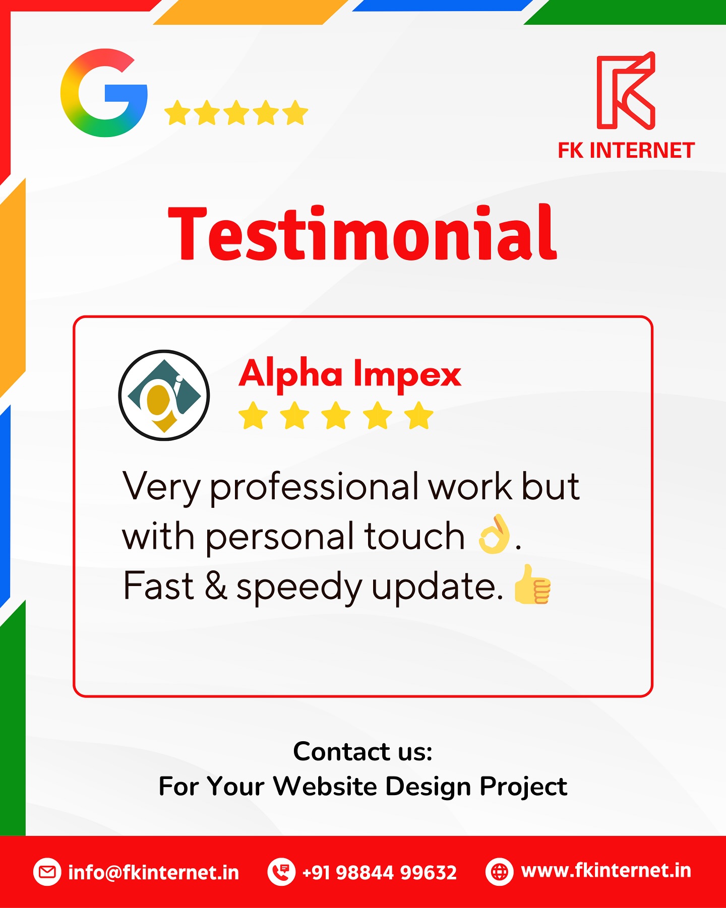 Client words that keep us motivated 💫
Delighted to see our client’s satisfaction
😊 Thank you, Alpha Impex, for trusting FK Internet with your website design project.
We’re happy our commitment to quality, personal attention, and speedy updates made an impact.
💻 Looking for a modern, responsive, and SEO-friendly website for your business?
📩 DM us or visit www.fkinternet.in to get started today!
#FKInternet #ClientTestimonial #WebDesign #WebsiteDesign #WebDesignAgency #BusinessWebsite #SmallBusinessIndia #ProfessionalWebDesign #WebsiteDesignIndia #DigitalPresence #CustomerFeedback #HappyClients #WebSolutions #MadeInIndia