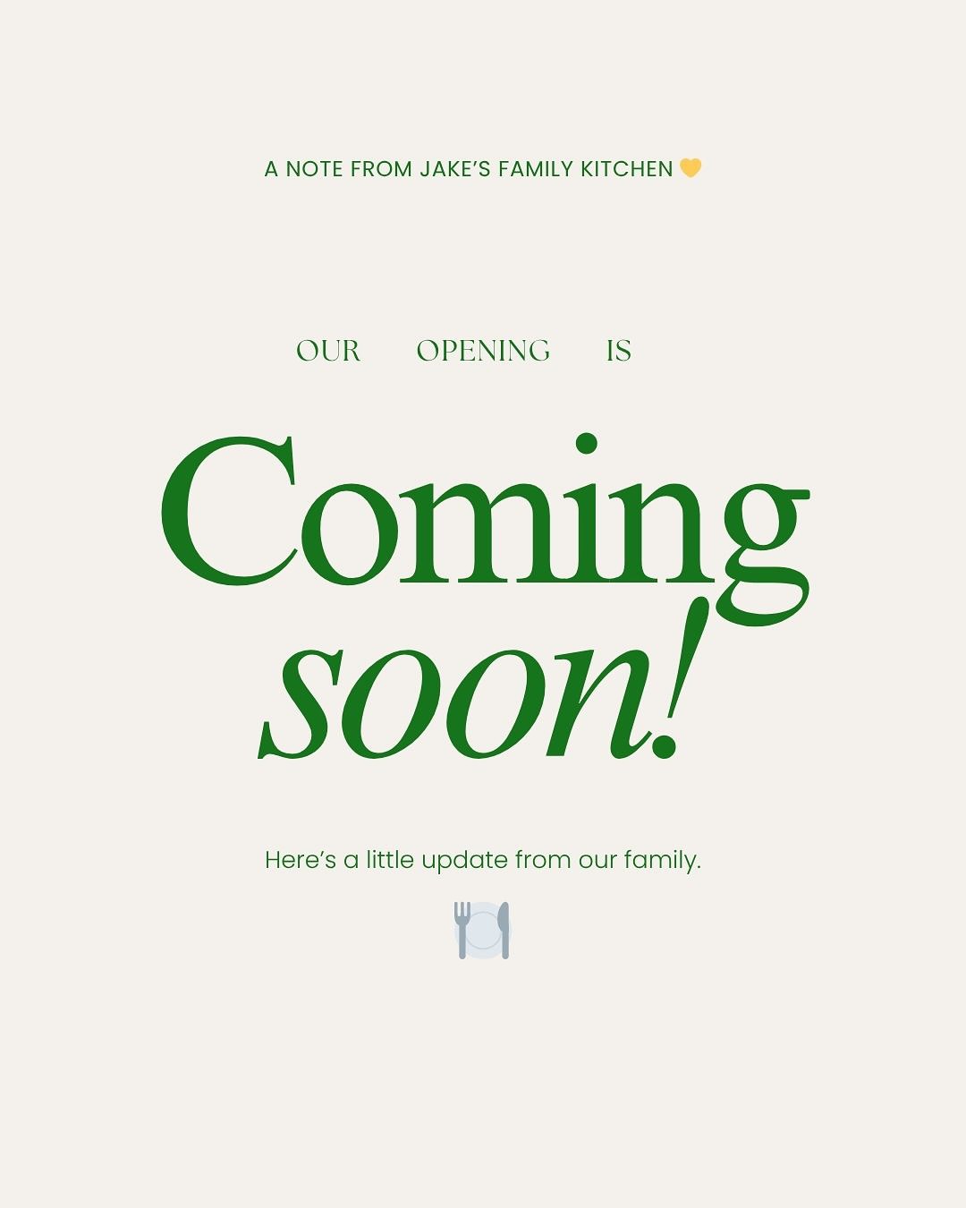 Dear friends,
We know many of you have been waiting for Jake’s Family Kitchen to open — and we can’t thank you enough for your excitement and patience. 💛
Our family (Muay, James, and CEO Jake) has been working tirelessly to bring this dream to life. We’re aiming to open this winter, but our opening has been slightly delayed while we finalize some city permit steps. These things take a bit more time than we expected — but we’re doing everything we can to get it right.
This journey isn’t just about opening a restaurant. It’s about creating a space where we can share the food we love with the community that’s been cheering us on from day one. ❤️
Thank you again for believing in us. When our doors open, it’ll be worth the wait.