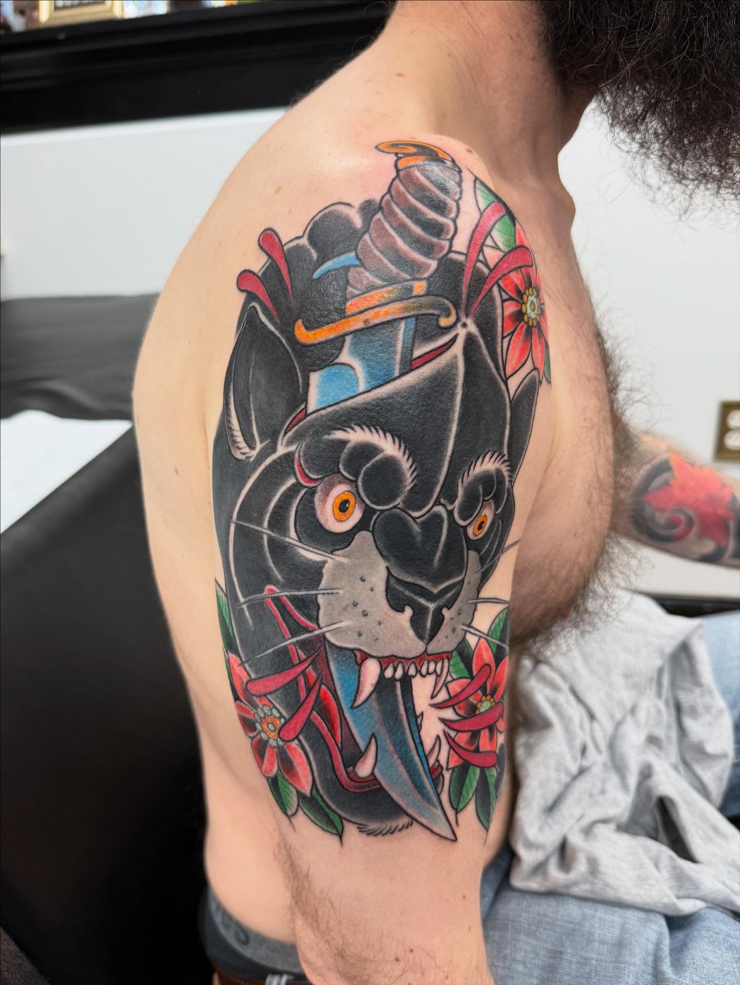 A few weekends back I was asked who did neo-traditional at our shop…. Answer is all of us… myself personally after 32 years of tattooing I enjoy all styles of tattooing and have worked hard not to be a one trick pony… that being said here’s a panther….