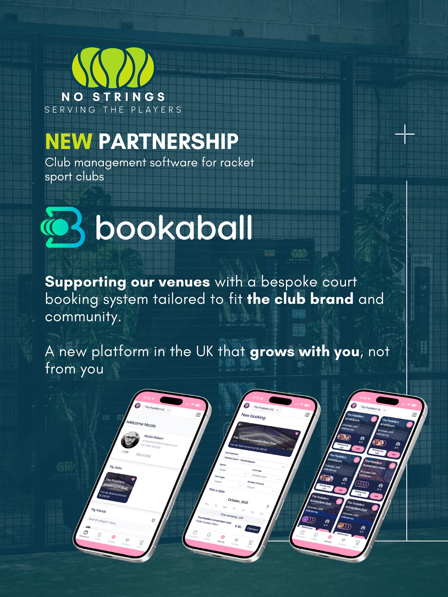 We are super excited to announce a new collaborative partnership with @bookaballcom, working together to bring a bespoke and branded experience to our clubs and venues across the UK.
The importance of club branding in booking system ownership to grow a padel or tennis club is demonstrated by both our businesses, and with our offering together clubs can get ahead of the competition!
Find out more by reaching out to us or @nicola.rbrt and let’s grow padel together.
#partnership #strategicpartners #collaboration #courtbooking #padelcourt #padel #tennis #padelbooking #padelautomation #automation #padelclub #padeluk #support #branding