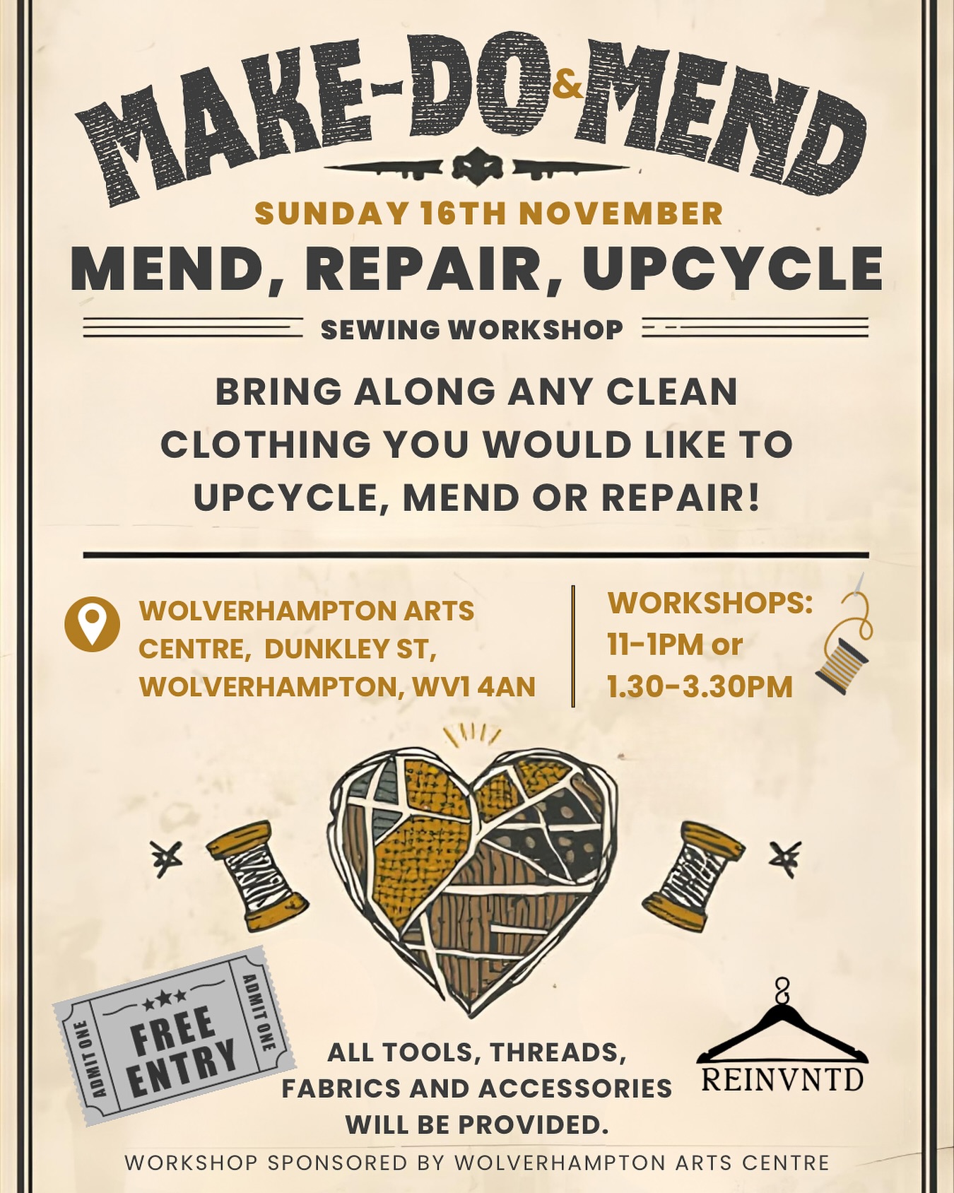 ✨Make-do & Mend: Repair, Upcycle, Reinvent your clothing! 🧵
Step back in time and embrace the spirit of resourcefulness on Sunday 16th November with our Make-Do & Mend Sewing Workshop at @wolverhamptonartscentre!
It’s FREE to attend, and part of a full day of family activities for ‘Our Freedom Then and Now’.
This special project marks 80 years since the end of the Second World War, celebrating the freedoms we share today.
Bring along any clean clothing you’d like to upcycle, mend or repair, and we’ll provide all the tools, threads, fabrics, and accessories you need. ♻️✂️
Workshops run at:
🕚 11am–1pm or 1.30pm–3.30pm
📍 Wolverhampton Arts Centre, Dunkley St, WV1 4AN
Come for the stories, stay for the stitching… and maybe a scone or two! 🪡☕🤩
#WolverhamptonArtsCentre #MakeDoAndMend #UpcyclingWorkshop #SustainableFashion #WolverhamptonEvents #CreativeCommunity #FreeWorkshop #OurFreedomThenAndNow