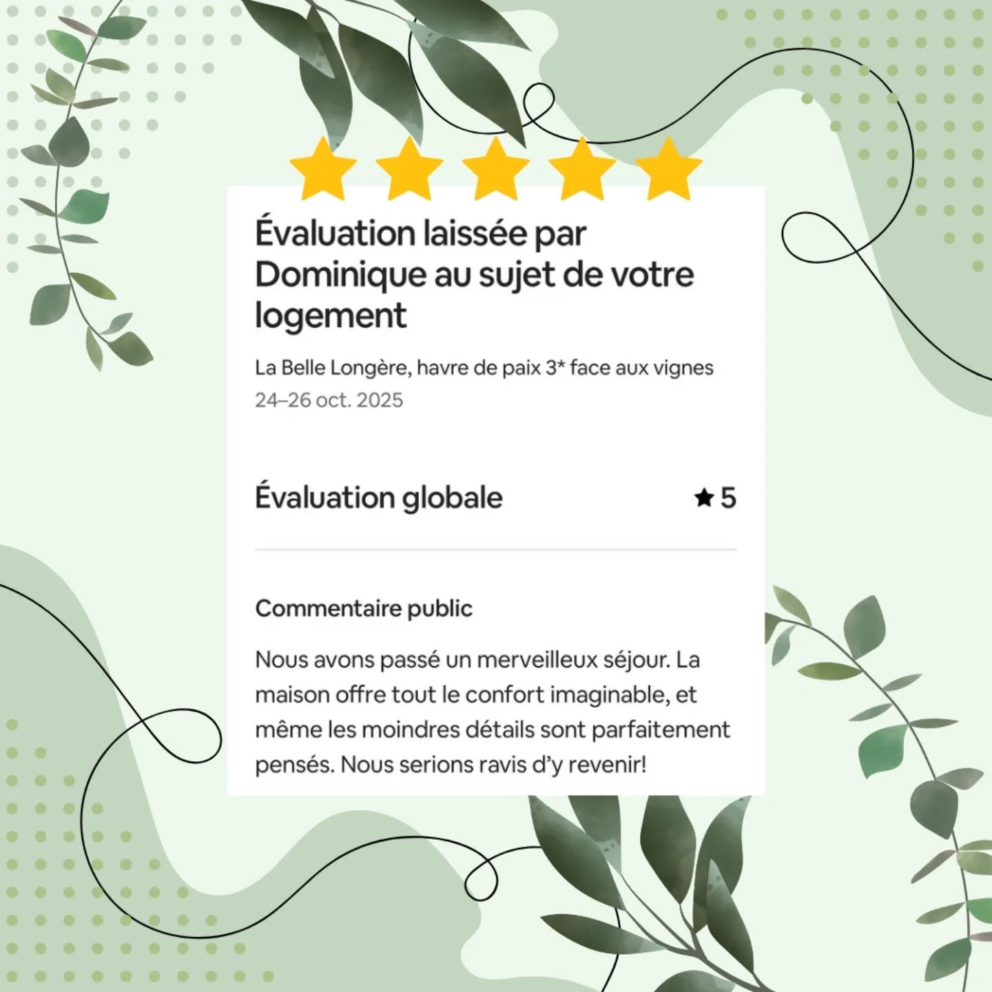 Nouvel avis 5 étoiles 🌟 🌟 🌟 🌟 🌟
Merci à Dominique et sa charmante famille pour ce commentaire qui nous honore ! 🙏🏻
C'était un plaisir de les accueillir et de leur offrir une dégustation privée à @labellelongere ! 🥂
(Gîte La Belle Longère 🌿, meublé de tourisme 3 étoiles et événementiel au milieu des vignes 🍇, location saisonnière, oenotourisme sur la Route du Champagne, week-end au vert, vacances en famille et entre amis, kids friendly, guesthouse nature et bien-être, superhost @airbnb #Airbnb #airbnbfrance
#airbnbsuperhost #review)