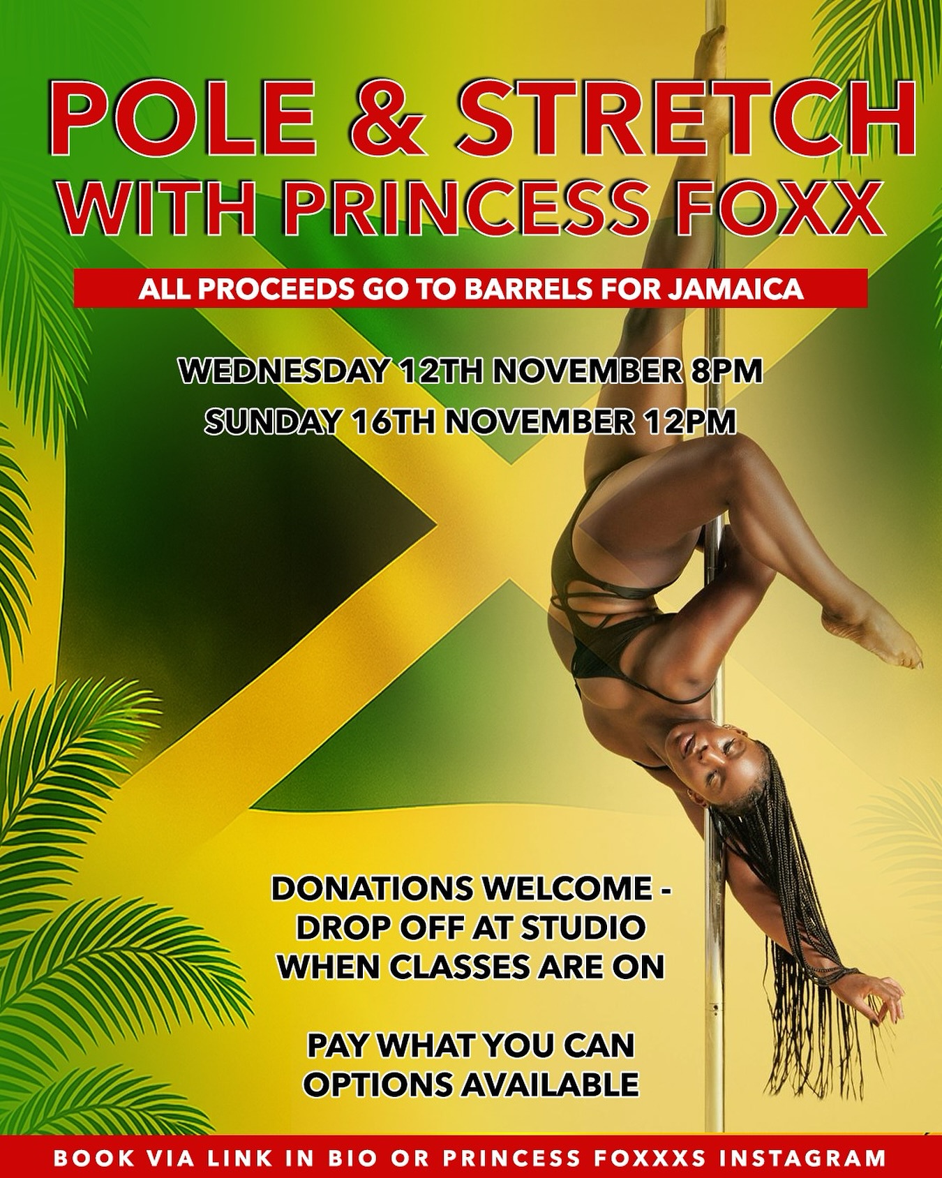 Join Princess Foxxx for Pole & Stretch in support of Jamaica 🇯🇲 after Hurricane Melissa.
Two special classes to move, stretch, and give back - with all proceeds going towards sending barrels of essentials to those affected.
💚 Wednesday 12th November 8PM
💛 Sunday 16th November 12PM
All Donations are welcome -drop off essentials at the studio when classes are on.
Pay-what-you-can options available.
✨ Book via the link in bio or on @princessfoxxx’s Instagram.
Let’s come together, move for a cause and send love back home. 💛💚🖤
