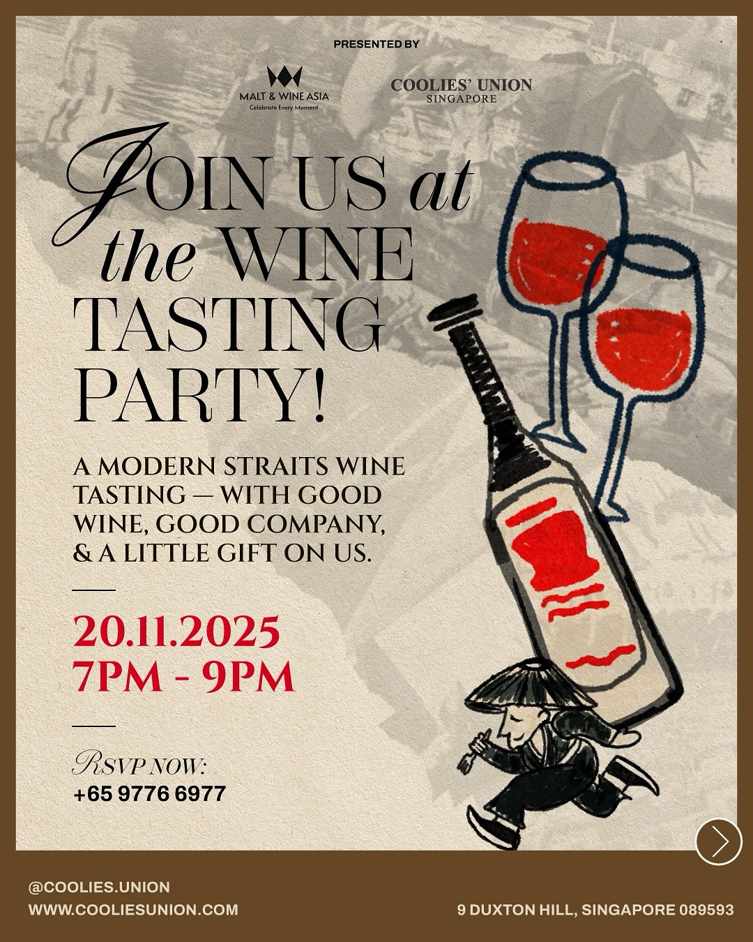 We love a good pairing, especially when it’s wine, food and good company 🍷
Our friends @coolies.union are hosting a Modern Straits Wine Tasting Night featuring 4 Bordeaux wines, 4 courses, and a guided tasting by Shawn Lee of Maison Barrière.
📅 20 Nov | 7–9 PM
💵 $128++ per pax
📍 Coolies’ Union, 9 Duxton Hill
🎁 Goodie bag included
Seats are limited. RSVP via WhatsApp 9776 6977.