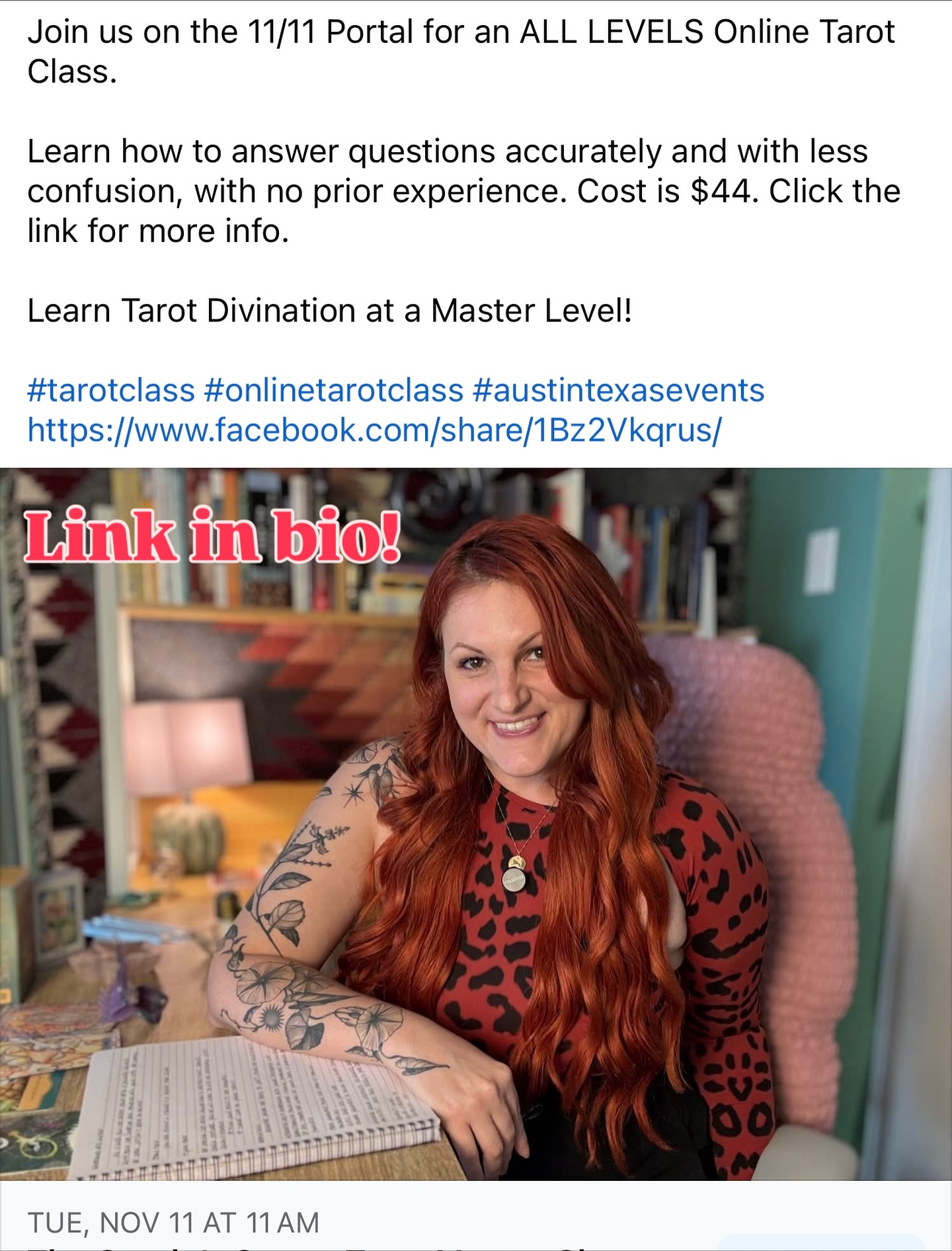 🔗 LINK IN BIO for more information and to register. This is going to be such a fun class! Join live ONLINE or follow along the recording that’s sent after class.
#onlinetarotclass #1111portal #1111 #austintexasevents #tarot #tarotclass #beginnertarot #mastertarotclass