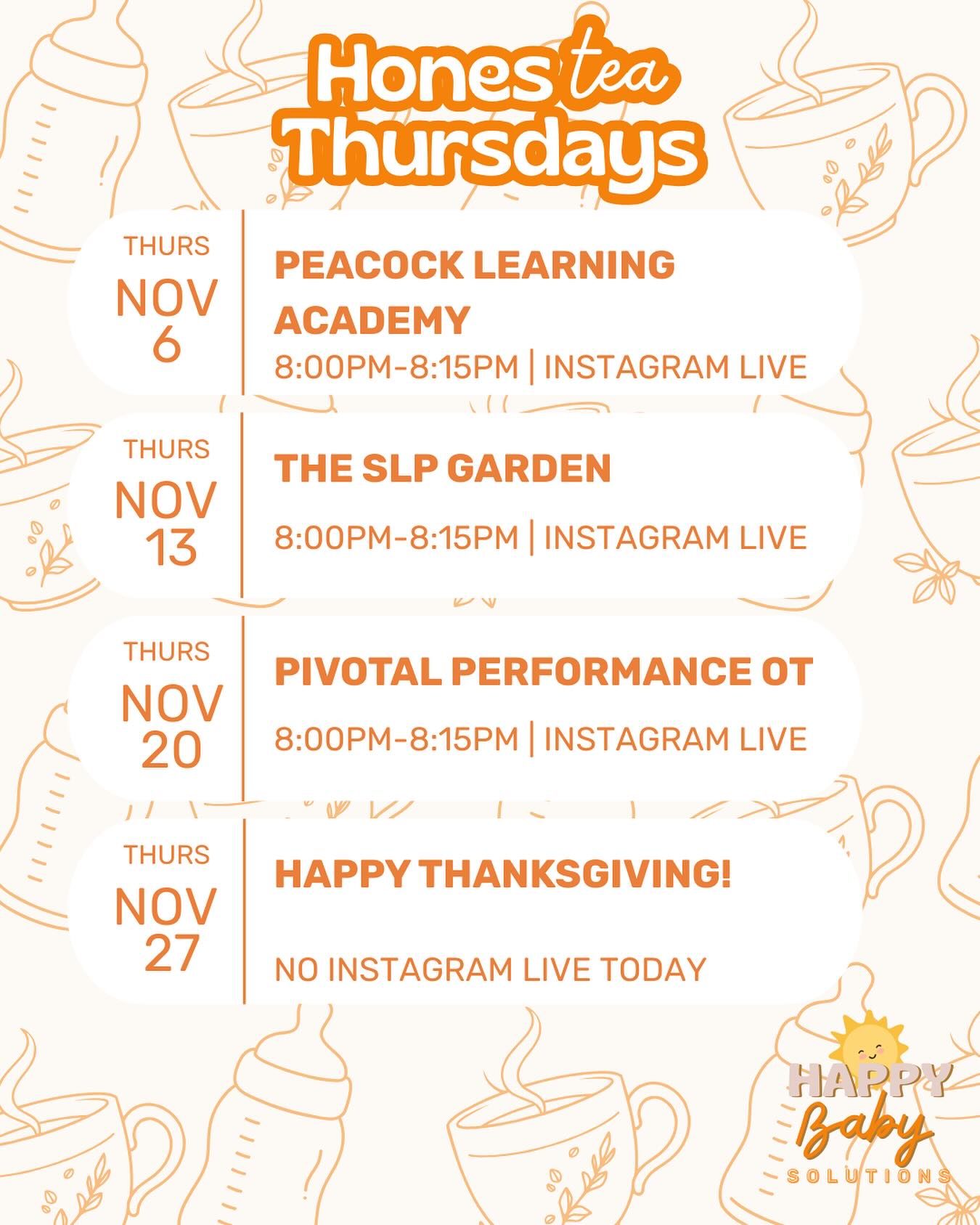 November HonesTEA Thursdays Schedule!
Join me for this month’s HonesTEA Thursday!
@peacocklearningacademy
@the.slp.garden
@pivotal_performance_ot
#newmom #motherhood #physicaltherapy #ot #slp