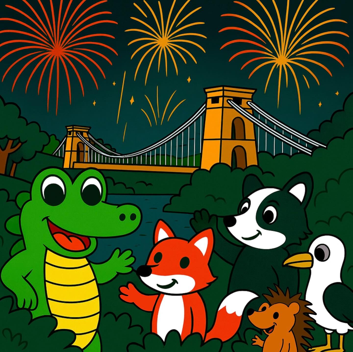 Fireworks sparkle tonight!
The Bristol Crocodile and friends love to watch from afar, but remember, loud bangs can scare our furry pals. Please keep pets safe and cosy indoors this fireworks night. 💚
#FireworksNight #BonfireNight #StaySafe #BristolCrocodile #CliftonSuspensionBridge #BristolEvents #AnimalSafety #KeepPetsSafe #ChildrenIllustration #BristolLife