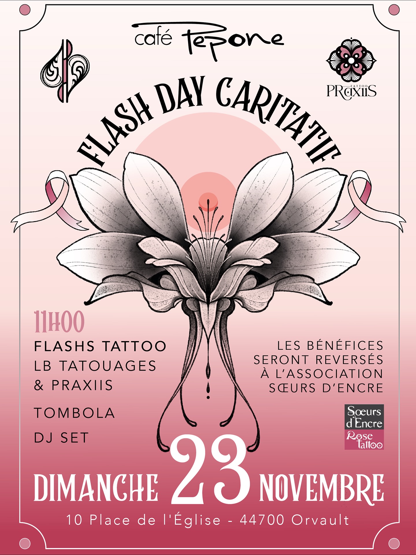 On est hyper heureux avec @lbtatouages, @praxiis.ttt et @cafepeponerestaurant de vous annoncer un Flash Day le dimanche 23 novembre ! Bon est un peu à la bourre, mais il fallait réussir à synchroniser nos agendas ! ☺️
Au programme, des flashs tattoo de Léa et Praxiis, plein de bonnes choses à manger et à boire, un set pour l’apéro par @wimtmusic, une tombola avec 600 euros de tattoo à gagner, et surtout, tous les bénéfices de cette belle journée seront reversés à l’association @soeursdencre !
On vous attends nombreu(ses)x pour faire de cette journée une réussite !!
Rdv à partir de 11h00 jusqu’à épuisement des tatoueuses ! 🥹
📍Café Pépone - 10 place de l’église - 44700 ORVAULT