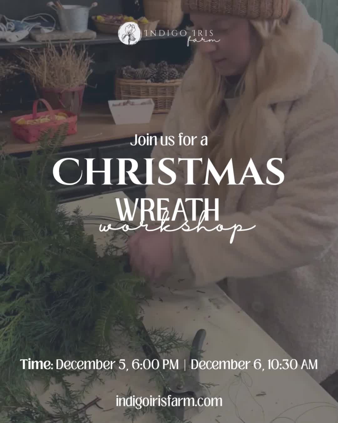 Create a little holiday magic and beautiful memories!
Join us at Indigo Iris Farm for one of our Christmas Wreath Workshops where the scent of fresh evergreens and the joy of the season come together. Make it a new tradition with your gal pals or family and create fun memories while you create something beautiful to celebrate the season.
🎄 December 5, 6:00 PM
🎄 December 6, 10:30 AM
Bring your creativity and holiday spirit and we’ll provide the rest! Spots are already filling up so don't wait long to get your tickets.
