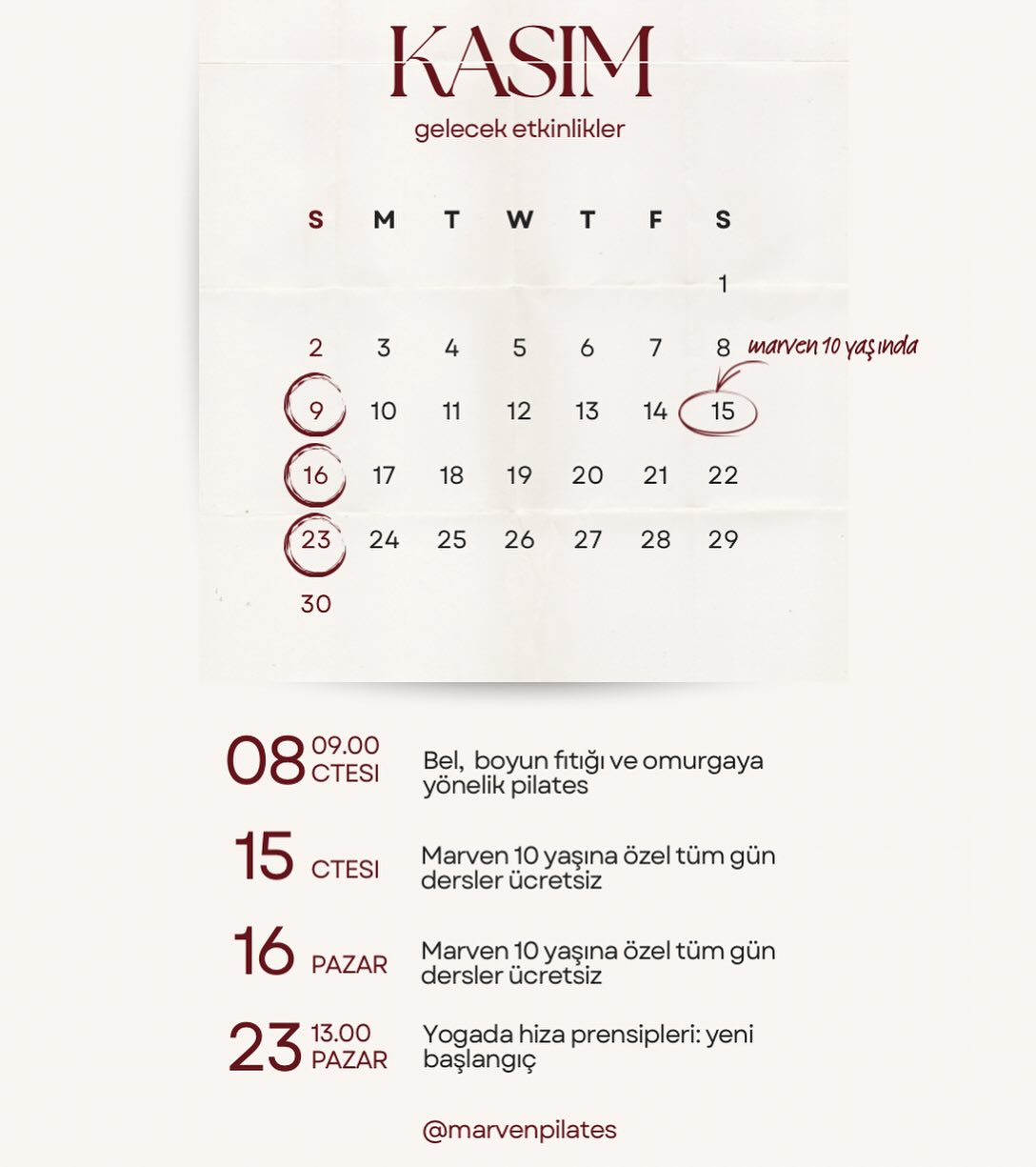 Bu Kasım bizim için çok özel..
Marven Pilates 10 yaşında♥️
-10 yıl, sayısız nefes, binlerce güçlü duruş-
Bu Kasım, 10. yılımızı özel etkinliklerle kutluyoruz.
Takvimi keşfedin, bu enerjinin parçası olun🙌