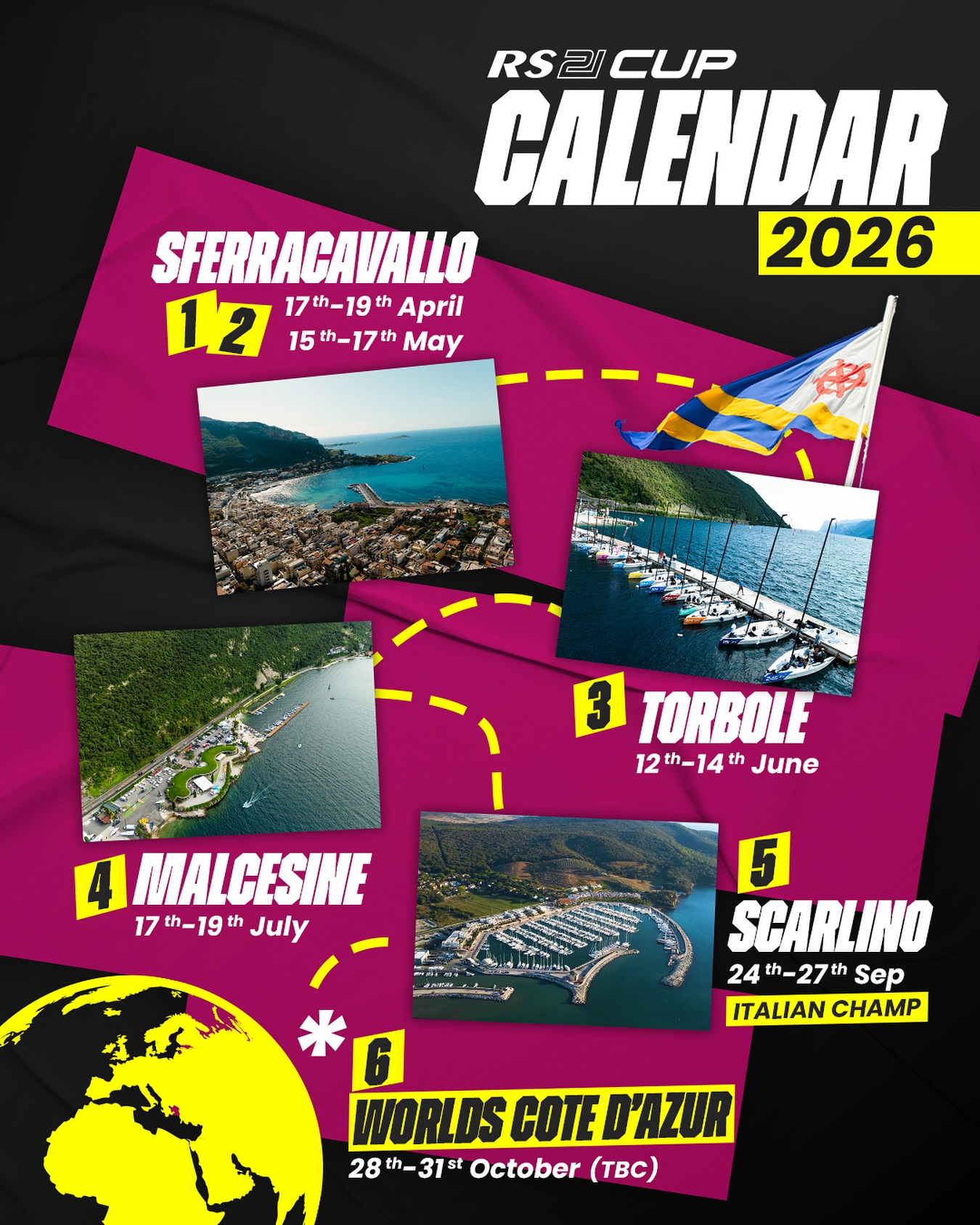 The Calendar of the RS21 Cup 2026 is out! 🎡
The favorite locations of our sailors in stunning places! ☀️🌬️
For the first time, we’ll be in an iconic location like Scarlino, which will host the Italian Championship. 🇮🇹
Get ready also for the World Championship in an exclusive location on the French Riviera, for the very first time! 🇫🇷
Join the Revolution! 🤙🏻
