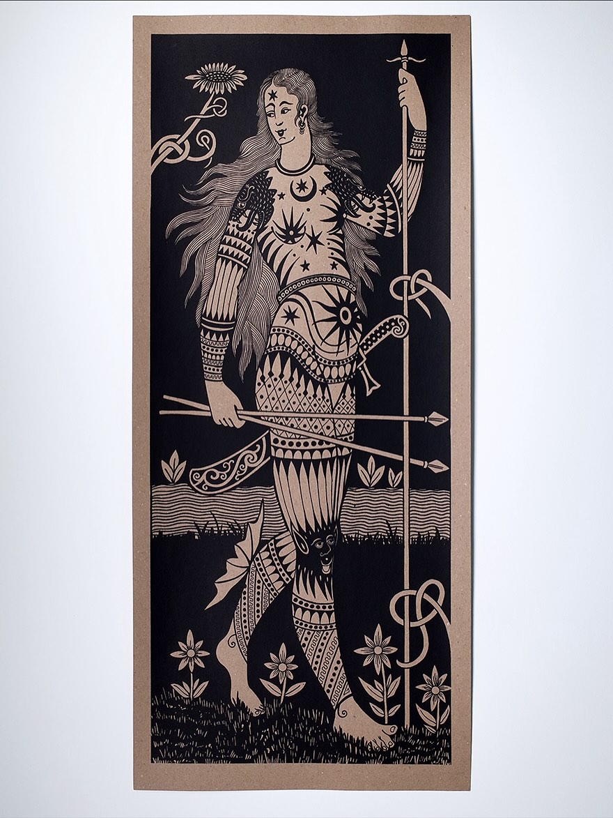 Pictish Warrior Woman, Pictish Warrior Man and Cernunnos God by Treubhan. One colour screen print available now online.
-
Introducing Treubhan. @treubhan
-
The artist continues the process begun by artists of the Celtic Revival era, creating work that is deeply rooted in the past. Drawing from carved stones, illuminated manuscripts, and historic pattern making, his pieces carry forward a visual language shaped by centuries of cultural tradition. The result is work that remains connected to its origins while speaking clearly to the present.
-
I started learning how to draw Celtic patterns when I was about five years old in school. In 2008 I picked up an old book on Celtic art in the library which inspired me to start tattooing, and I began creating tattoos from it. Since then, I’ve worked in many different styles and spent most of my career travelling to learn from other cultures. All of that has made me realise how important Celtic art is to me, and now I put all my energy into reviving it and giving it its rightful place alongside the other great tribals.
-
Marks of the Isles
The Celtic Isles have been inhabited by many different cultures and tribes over thousands of years. The impact they had on our society and creative work can be seen all over this land. With no written language left behind by many of the native peoples, we rely on the marks, objects and stories they created, and on the people today who dedicate their lives to retelling and reimagining those stories through their work.
We invite you to see some of this work at our gallery from 17 October to 15 November.