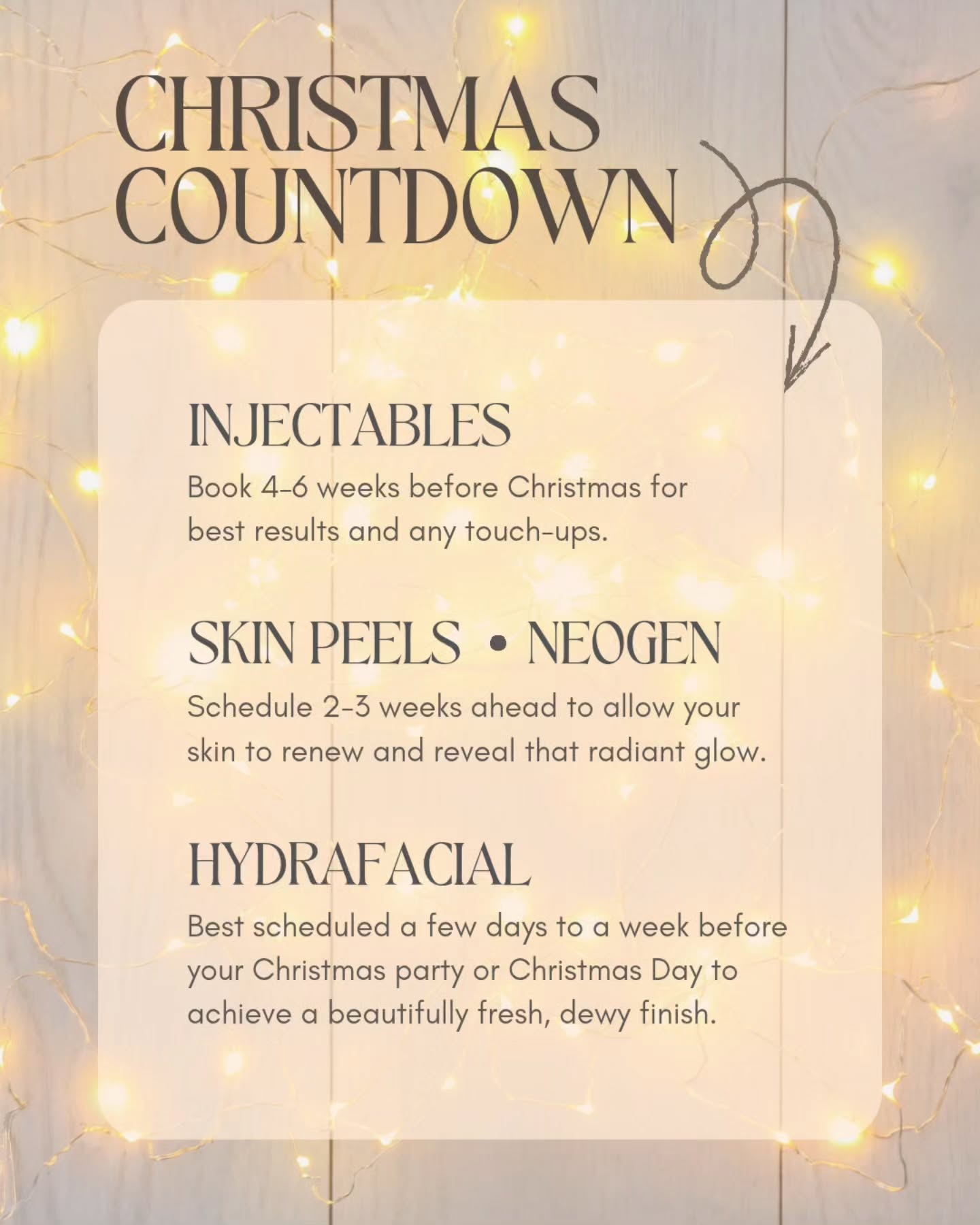 We know... it's early! But now is the time to start thinking about scheduling those appointments to be glowing in time for Christmas 🎄
Appointments are already filling up fast - don’t wait until the Christmas rush!
Secure your spot now and step into the season looking & feeling your best 💫
You can book online, send us a DM or give us a call on 01983 241214
#christmascountdown #treatments #glowing #injectables #tistheseason #christmasisonitsway #skintreatments #feelgood #skindoctor #aestheticclinic