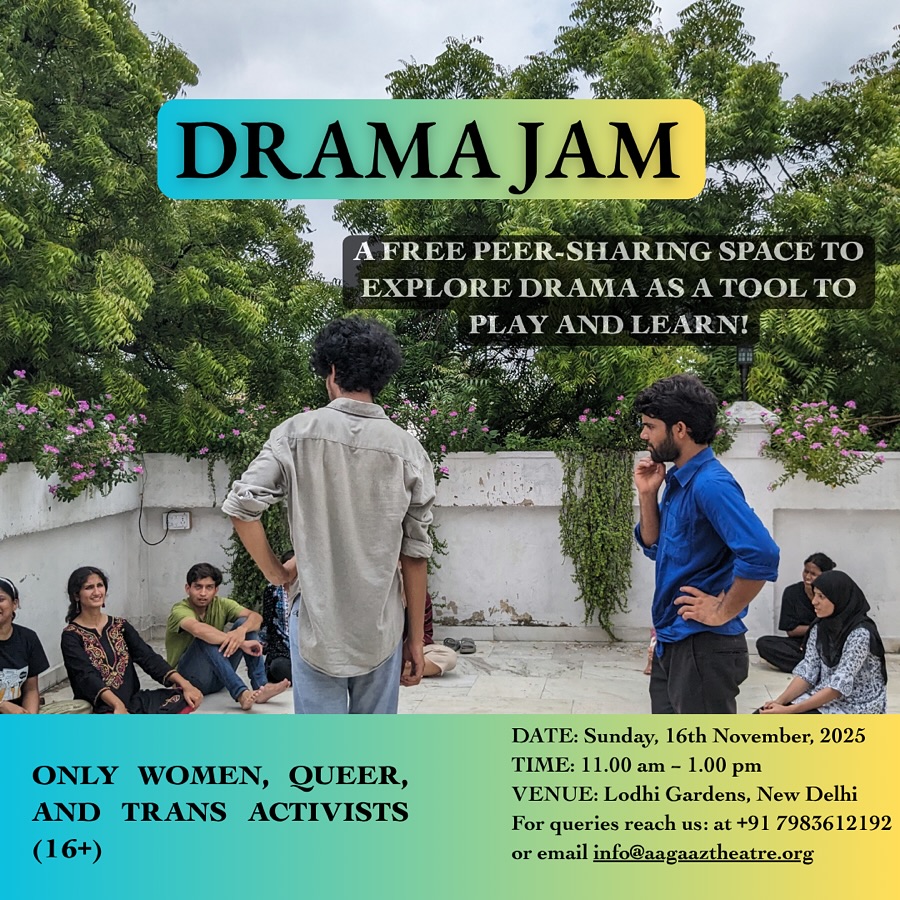 Come play, create and connect!
Our wider community of artists and enthusiasts nourishes and sustains our work at Aagaaz and we are always eager to invite you in to experience the magic of Khwāb Ghar with us. In this spirit, we’re thrilled to be bringing back Drama Jams, starting this month!
Drama Jams are an open, peer-sharing space to explore theatre as a tool to play and learn. The attempt is to innovate new possibilities of play and to create a space that runs organically without any one facilitator. The jams are co-created in-the-moment by the people present.
This is an exclusive invite to women, queer and trans folks who work around social justice. We’re gathering for a morning of playful well-being and community building through theatre games. Whether you have years of experience or none at all, this space is for you to explore, imagine and play.
This session will be hosted by Akanksha, a dance practitioner with an interest in performance and performance-making.
Venue: Lodi Gardens (Gate 4, parking available)
Date: 16 November 2025
Time: 11 AM (meet by 10:45 AM)
Register by: 15 November, 6 PM
Registration link is in bio
Come as you are. Bring your curiosity, joy and little games.
Let’s play together, discover new ideas and spark a little magic along the way.
#dramajam #learnthroughplay #khwabgharsekisse
