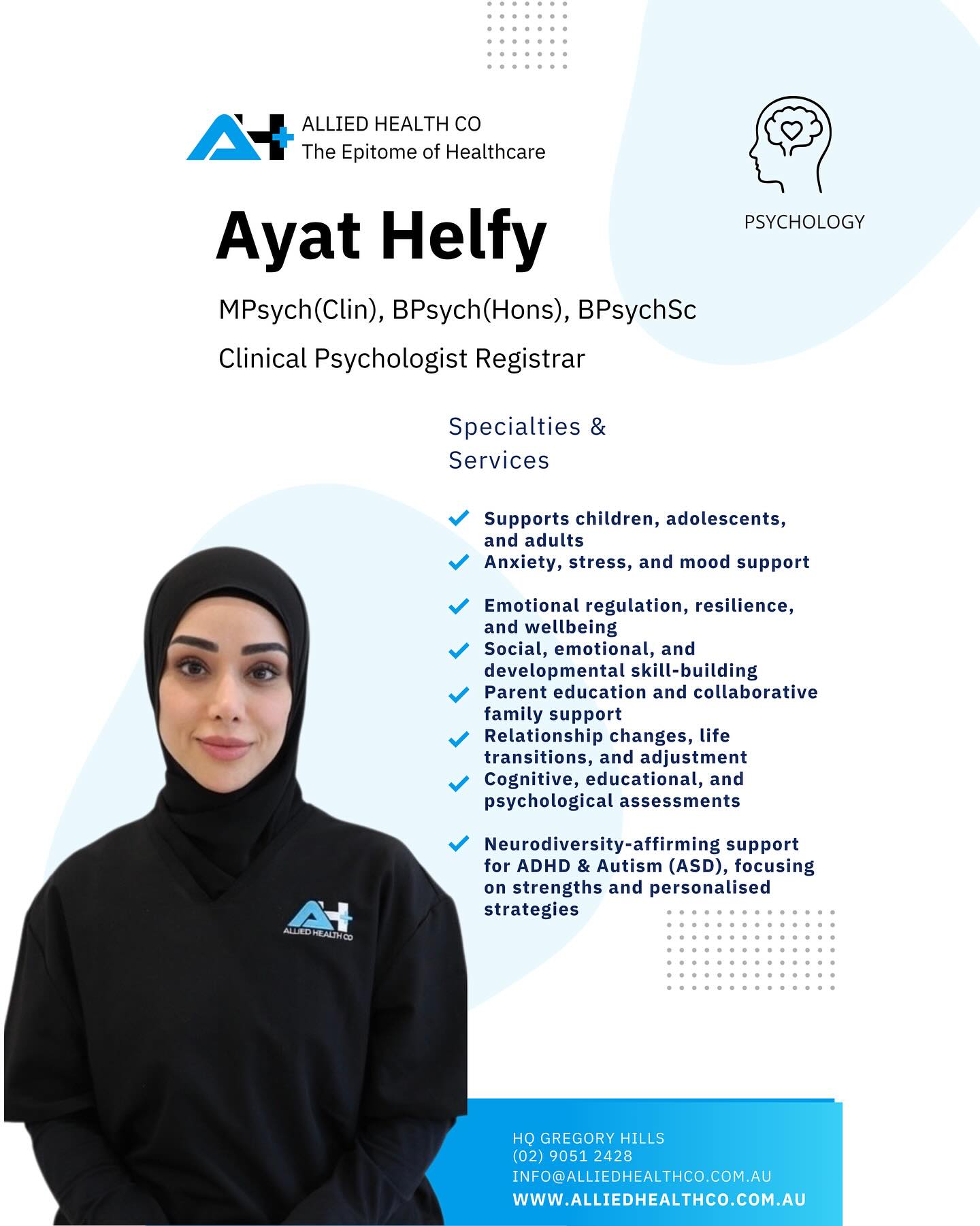 We are excited to welcome Ayat Helfy to our Allied Health Co team 💙
Clinical Psychologist Registrar | M.Psych(Clin), B.Psych(Hons), B.PsychSc
Ayat brings a warm, compassionate, and neurodiversity-affirming approach to supporting:
• Children & adolescents navigating big emotions
• Adults experiencing anxiety, stress, and mood challenges
• Families looking to strengthen communication & connection
• Individuals with ADHD & Autism, focusing on strengths 🌱✨
Her therapy style is collaborative, supportive, and grounded in evidence-based practice — empowering clients to feel understood, confident, and in control of their wellbeing.
Now accepting new clients at Gregory Hills.
Referrals & enquiries welcome.
📍 Allied Health Co – The Epitome of Healthcare
☎️ (02) 9051 2428
📧 info@alliedhealthco.com.au
🌐 www.alliedhealthco.com.au