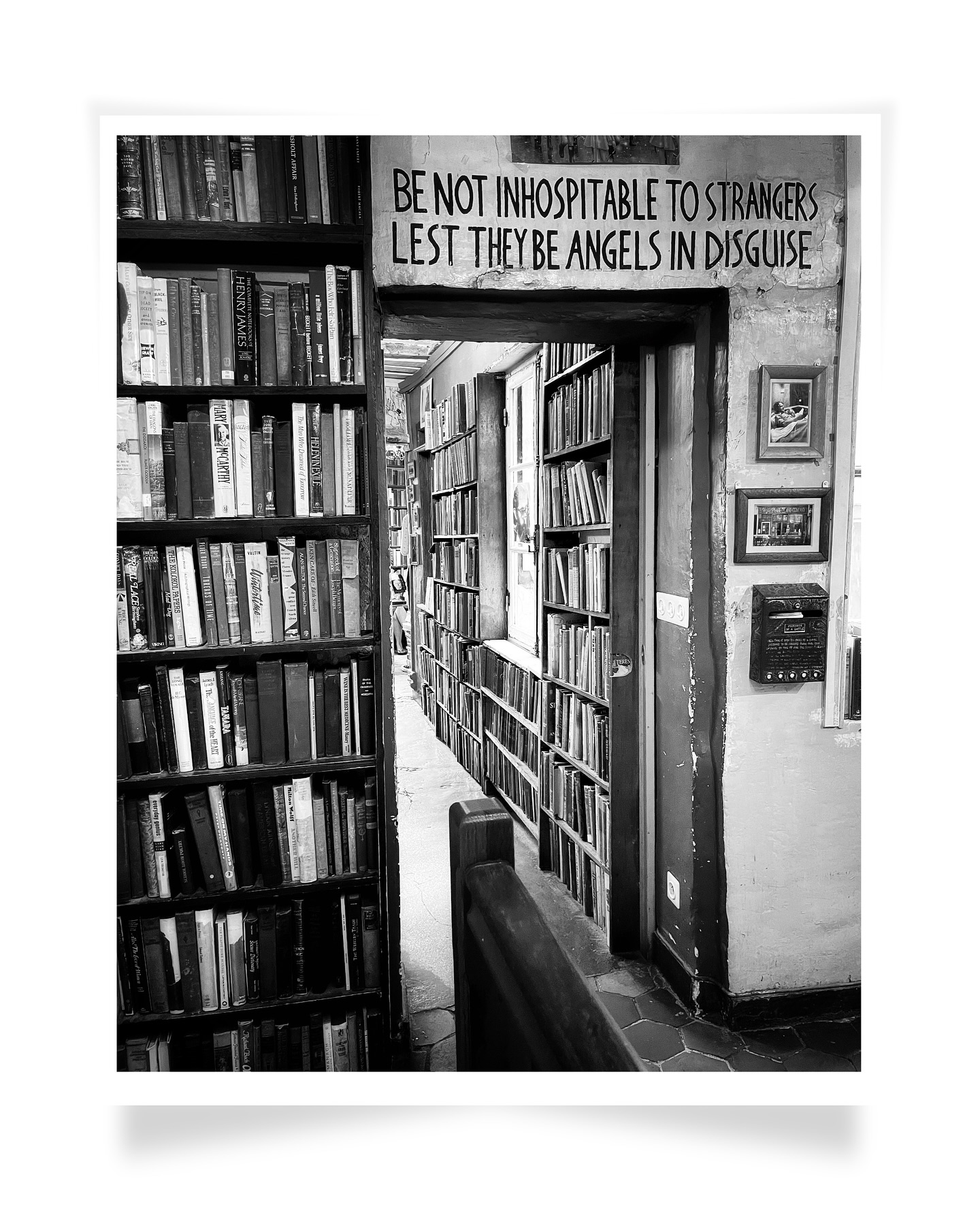 Sometimes a simple quote just hits different, especially these days. “Be not inhospitable to strangers, lest they be angels in disguise.”
This print of the iconic interior of the famous Parisian bookstore is a favorite of mine, and yours too apparently, as it’s a top seller! I think it’s because it’s more than just a picture; it’s a feeling, a message we all need right now.
- Angels in Disguise | Shakespeare & Company | Paris