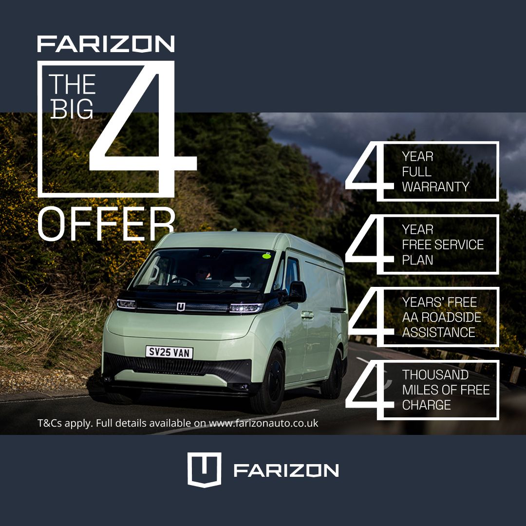 Big 4* retail offer now available across the Farizon SV range! Making it easier than ever for retail customers to switch to the latest generation of electric vans.
It’s complete peace of mind on four fronts:
✔️ 4-year full warranty
✔️ 4-year free service plan
✔️ 4 years of free AA roadside assistance
✔️ 4,000 miles of free charge
Simple. Reliable. And all 4 you. Request an appointment at 👉 www.farizonsouthwest.co.uk
*Offer applicable to retail orders placed between 1 October and 31 December 2025. Full T&Cs available at farizonauto.co.uk.