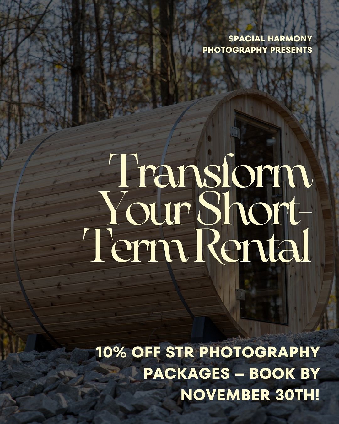 Your short-term rental deserves photos that capture its story — the luxury, mystique, and cozy charm that make it unforgettable.
I offer full-service photography for interiors, exteriors, and drone shots, including twilight sessions and seasonal exterior refreshes. My goal is to put your viewer directly inside your space, creating images that feel alive and inviting.
For a limited time, I’m offering 10% off all STR packages booked through November 30th. You don’t need to schedule a date right away — we can wait for the snow, spring blooms, or summer — but this special rate ends at the end of the month.
See examples of my work at www.spacialharmonyphotography.com and DM me to chat about how we can showcase your space at its absolute best.