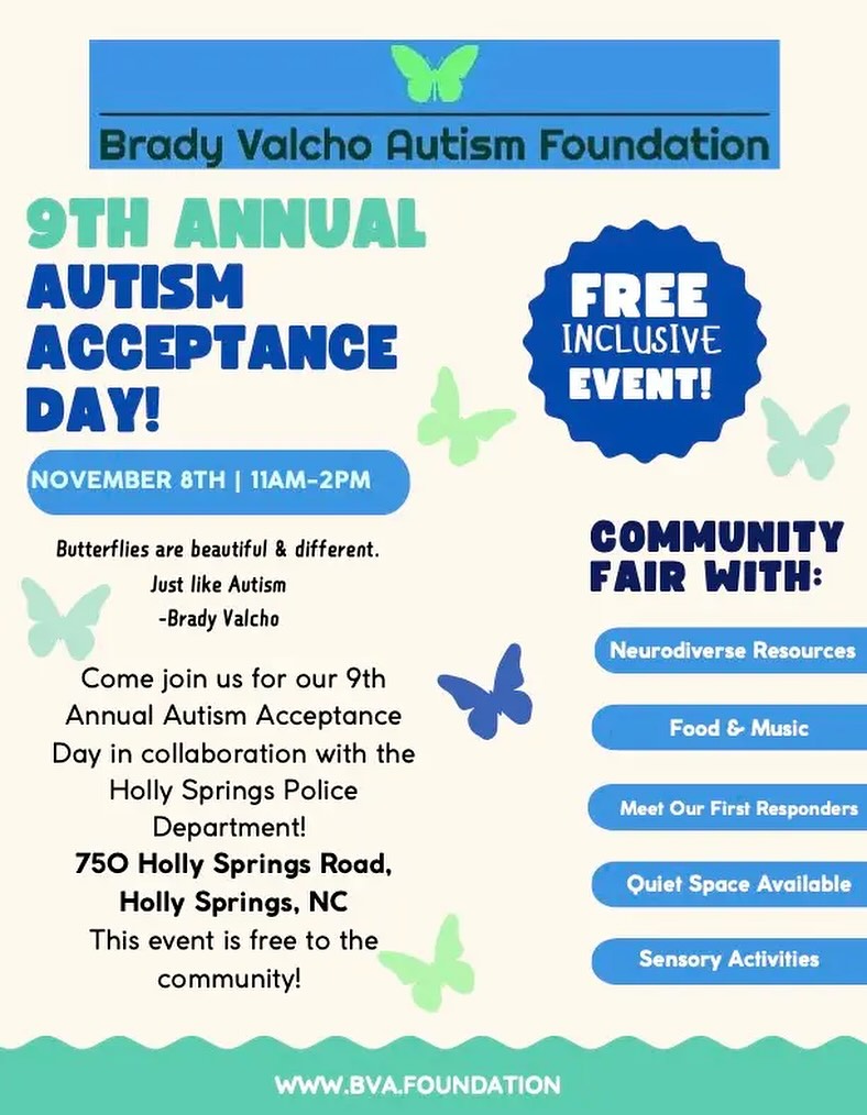 We’re so excited to join @bvafoundation for their 9th Annual Autism Acceptance Day! 🦋
Come say hi to the Bailey Behavior Consulting team on November 8th from 11AM–2PM at the Holly Springs Police Department.
This is a free community event with so many wonderful resources. We’ll be celebrating neurodiversity, community, and the beauty of every individual.
See you there!
#autism #autismacceptanceday #raleigh #northcarolina #baileybehavior #bcba #aba #behavior #behaviorsupport #community #support
