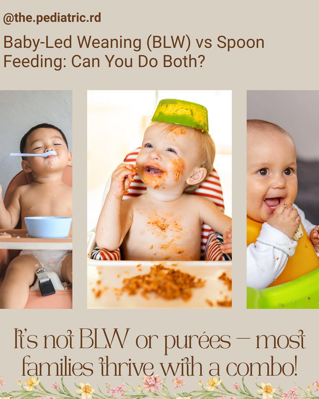 It’s not BLW vs purées — it’s about finding what works best for your baby and your family. 💕
⠀
Many parents think they have to choose one feeding approach, but most little ones actually benefit from a mix!
⠀
Spoon feeding can help ensure babies get enough iron-rich foods early on.
Baby-led weaning encourages self-feeding skills, confidence, and sensory exploration.
⠀
When can you start?
Most babies are ready for solids around 6 months, when they can:
Sit upright with support
Show interest in food
Have good head and neck control
⠀
You can combine both!
Offer a soft finger food (like avocado or banana) alongside a spoon-fed purée (like sweet potato or lentils). This helps babies practice independence and get balanced nutrition.
⠀
🧡 Remember:
Every baby develops differently — safety, supervision, and patience matter most.
⠀
You’re doing great, parent.
⠀
#babyledweaning #spoonfeeding #firstfoods #feedingbaby #startingbabyonfoods #babynutrition #solidfoodjourney #pediatricdietitian #thepediatricrd #feedingbabywithconfidence #infantnutrition #blwjourney #puréesandblw