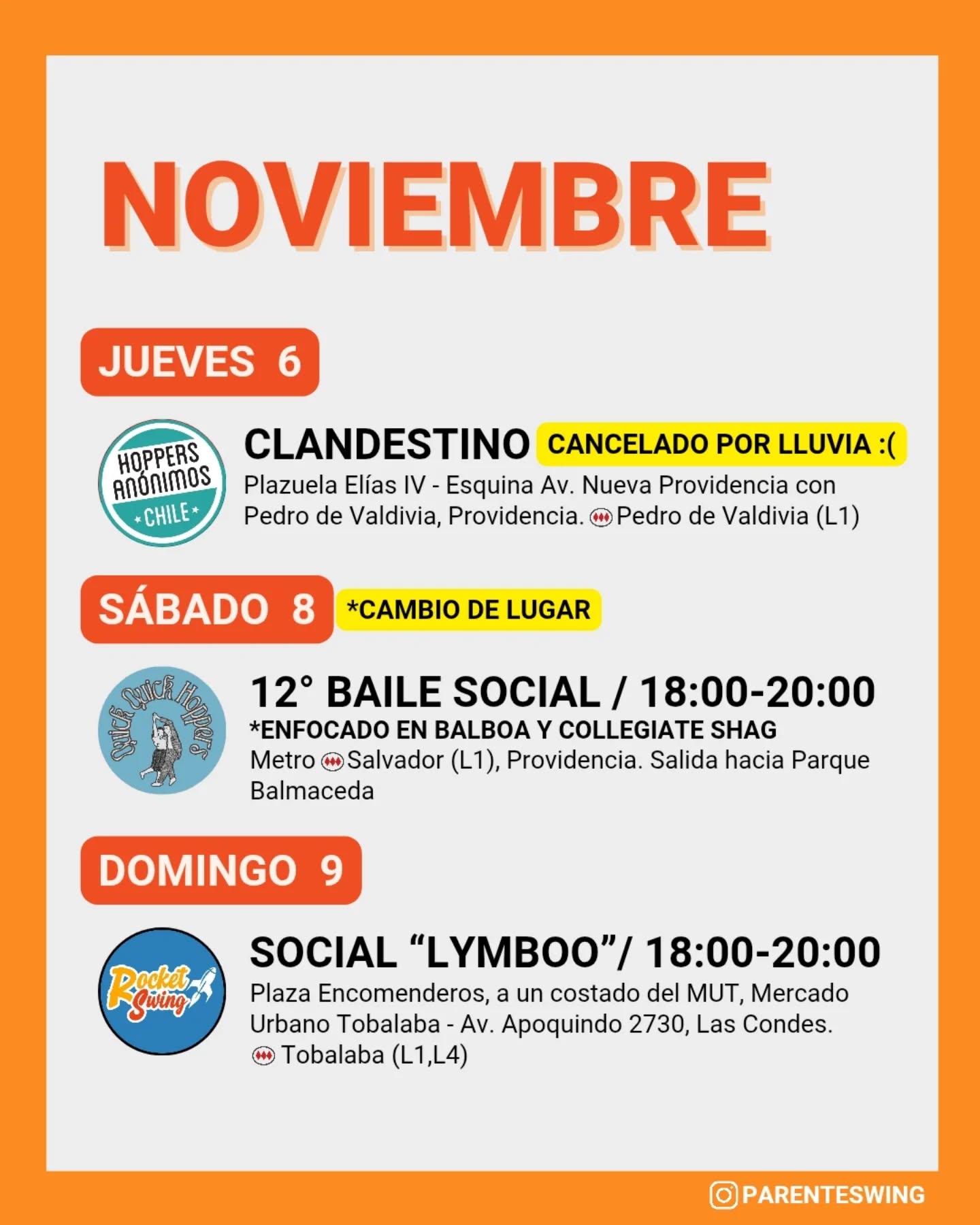 ✨Todos los eventos son gratuitos y abiertos a todo público, a menos que se indique valor de entrada 💸
‼️Cualquier modificación o nuevo evento en los comentarios👇🏻 y/o por historias 👆🏻
🤔 Qué es una Jam, Clandestino o Baile Social?
Una instancia donde fanáticos de los bailes swing (Lindy hop, Balboa, Shag, Solo jazz) se reunen a compartir, hacer comunidad y a la vez, practicar.
❌ Las actividades publicadas NO son instancias de clases para aprender a bailar, a menos que se indique “Taller” o “Clase Abierta”.
👀 Quieres aprender a bailar?
En nuestra historia destacada “CLASES” está toda la información y formularios de inscripción a los cursos del mes de las escuelas de bailes swing ✨
Nos vemos en la pista! 💃🏻🕺🏻🔥
#danzachile #lindyhopchile #swingchile #bailechile #eventoschile #danzasantiago #santiagodechile #panoramasgratis #swingdancechile #swingdancingchile #lindyhopperschile #panoramasgratis #panoramagratis #santiago