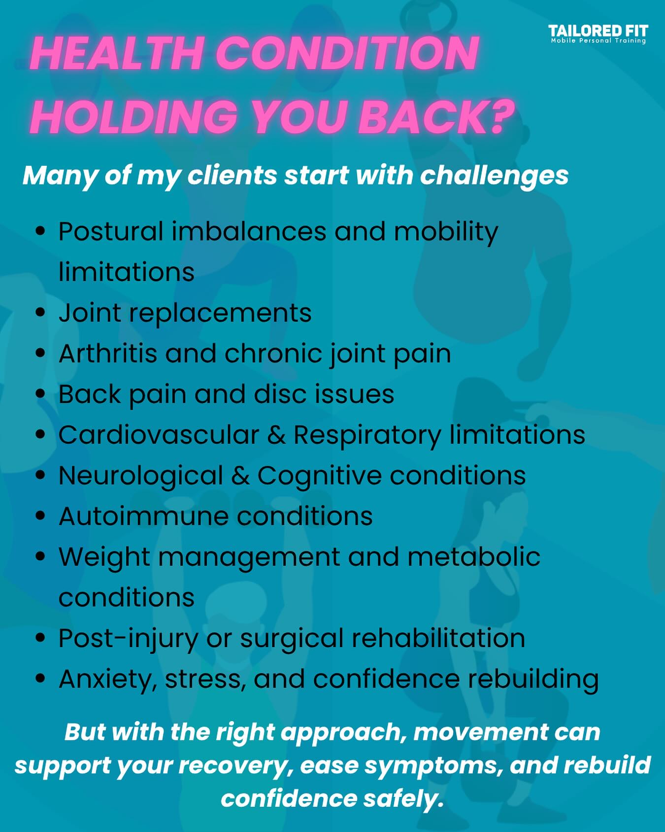 Training doesn’t stop because of a condition — it adapts.
I’ve helped clients living with arthritis, back pain, neurological and autoimmune conditions, fatigue, post-surgery recovery and more.
With the right plan, movement can reduce pain, build strength, restore confidence and improve daily life.
Every body is different — and every plan is tailored to you.
#telfordpt #shropshirept #mobility #fitness #health #movement